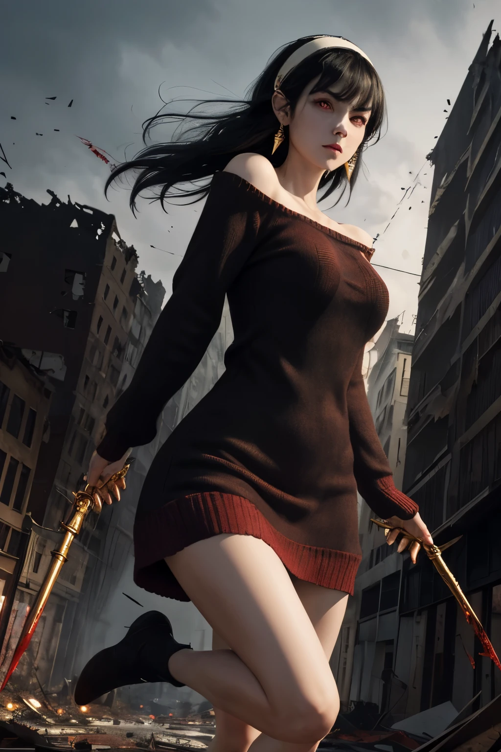 masterpiece, highest quality, High resolution, Bjorf, short hair with long hair, white hair band, red eyes,black hair,gold earrings, big breasts, jewelry, off shoulder, red sweater, sweater dress, long sleeve, black pantyhose,With two golden weapons, Blood,Are standing,dynamic pose,Blood, serious face, cold look,anger, dark lighting, flying Blood,Background of the destroyed site,Destroyed the city fund,dynamic view,Forward tilt,legs open, Place your feet on the surface,torn clothes