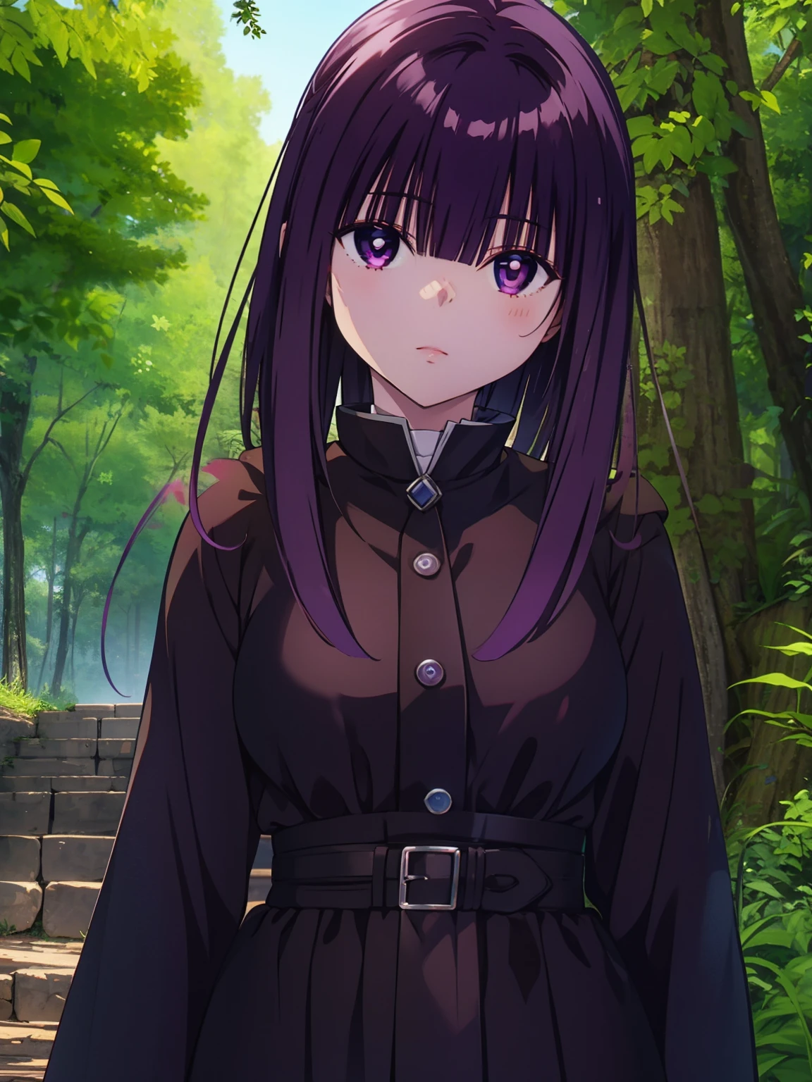 freirenFern, Fern, purple hair, long hair, purple eyes, dull bangs, side lock, half up hair, bright pupils, (big breasts, 1 girl), Ruffled collar, black robe, white dress, center ruffle, button, wide sleeve, long sleeve, crooked, Ruffled collar, BREAK&#39;s masterpiece, highest quality, High resolution, 8K, official art, super resolution, very detailed and beautiful, very detailed, Incredibly detailed, very detailed美しい女の子, very detailed顔, very detailed目, very detailed肌, very detailed指, very detailed鼻, very knowledgeable mouth, Perfect Anatomy BREAK Full Body Shot, look down, Pray BREAK HILL, nature, forest, very detailed CG unity 16k, Very detailed 16KCG wallpaper
