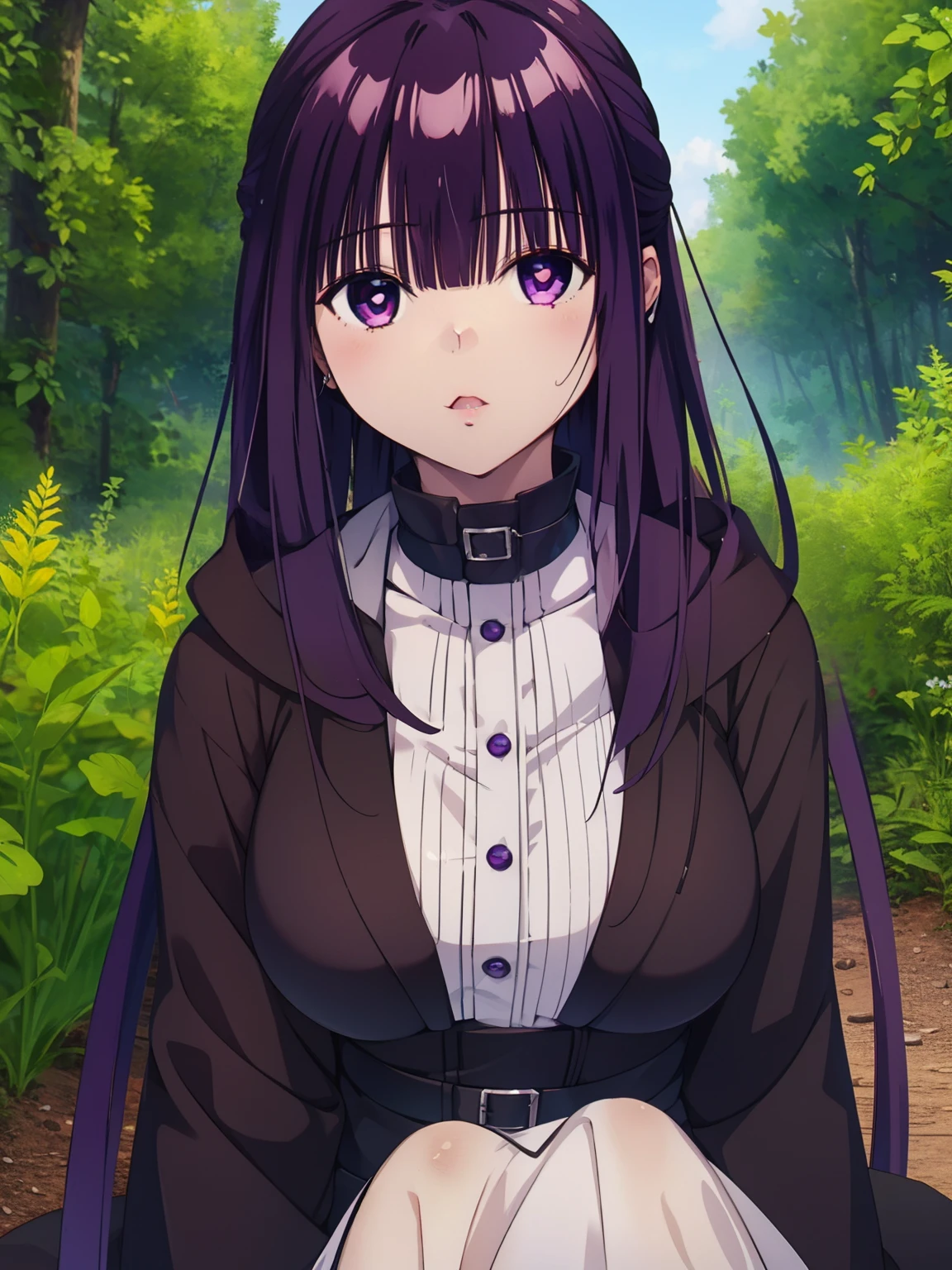 freirenFern, Fern, purple hair, long hair, purple eyes, dull bangs, side lock, half up hair, bright pupils, (big breasts, 1 girl), Ruffled collar, black robe, white dress, center ruffle, button, wide sleeve, long sleeve, crooked, Ruffled collar, BREAK&#39;s masterpiece, highest quality, High resolution, 8K, official art, super resolution, very detailed and beautiful, very detailed, Incredibly detailed, very detailed美しい女の子, very detailed顔, very detailed目, very detailed肌, very detailed指, very detailed鼻, very knowledgeable mouth, Perfect Anatomy BREAK Full Body Shot, look down, Pray BREAK HILL, nature, forest, very detailed CG unity 16k, Very detailed 16KCG wallpaper
