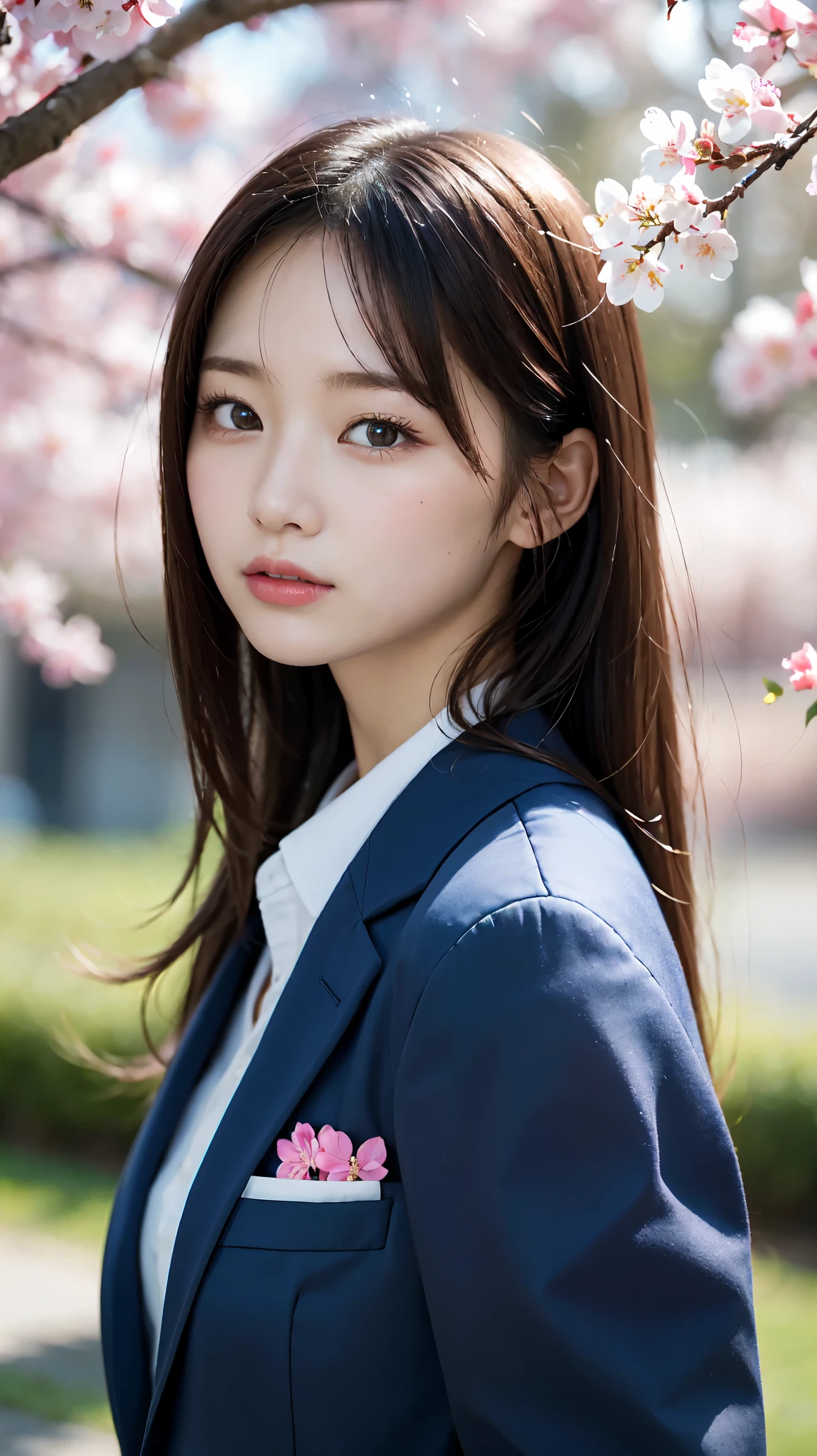 graduation ceremony、high school girl、uniform 、navy blue blazer、Cherry tree in full bloom、Cherry blossom confetti、perfect proportions、cute、((18 year old female:1.ung adorable japanese face,official art,Highly detailed CG Unity 8K wallpaper,(masterpiece:1.0),(highest quality:1.0), 超A high resolution,4k,Super detailed, photo shoot, 8K, nffsw, High resolution, kodak portrait 400, film grain, lens flare glow,高いest quality,8K,nffsw:1.2),portrait shot,8K、View viewer