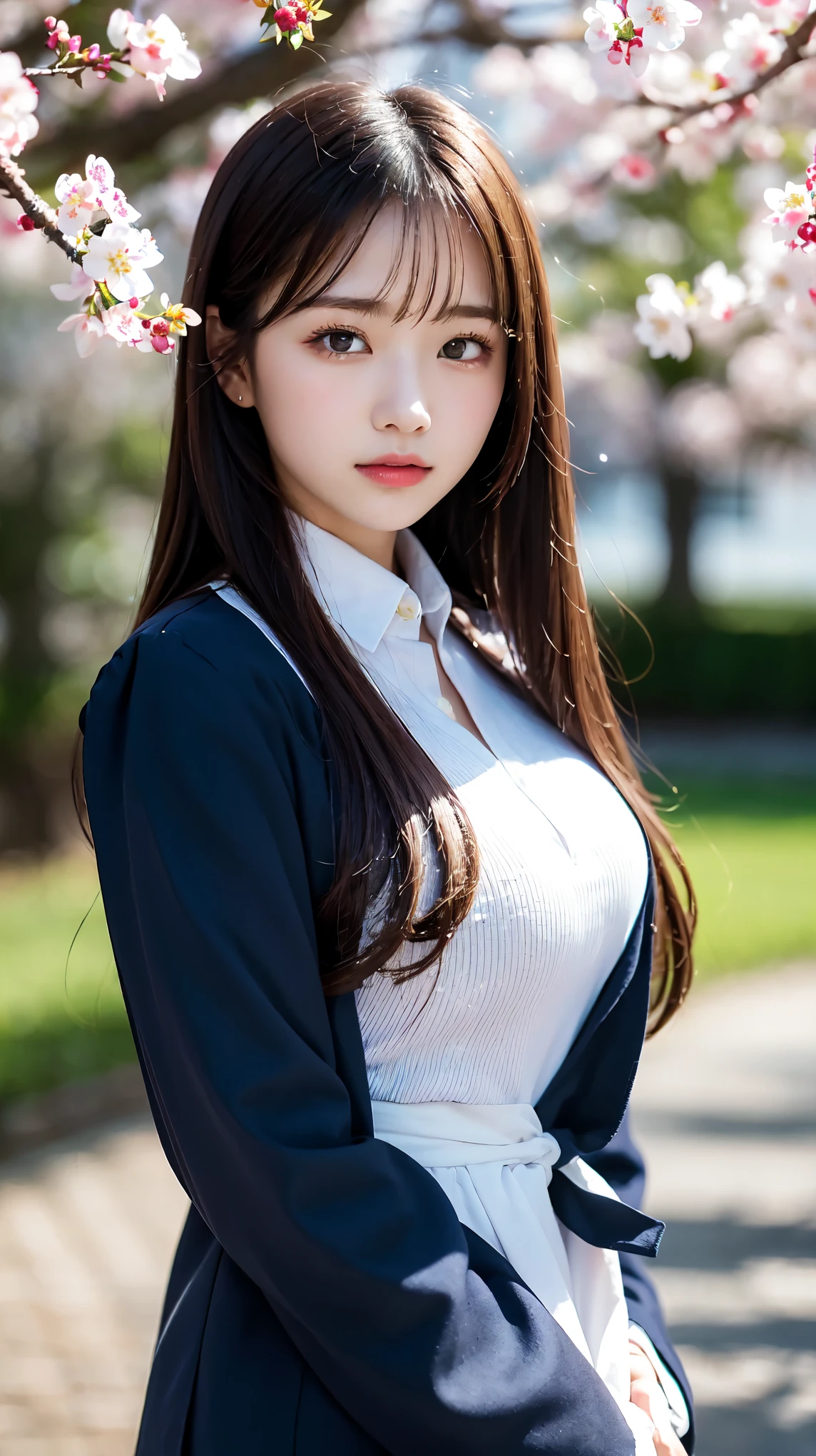 graduation ceremony、high school girl、uniform 、navy blue blazer、Cherry tree in full bloom、Cherry blossom confetti、perfect proportions、cute、((18 year old female:1.2))、young adorable japanese face，official art，Highly detailed CG Unity 8K wallpaper，（masterpiece:1.0),(highest quality:1.0), 超A high resolution,4k,Super detailed, photo shoot, 8K, nffsw, High resolution, kodak portrait 400, film grain, lens flare glow,高いest quality,8K,nffsw:1.2),portrait shot,8K、View viewer