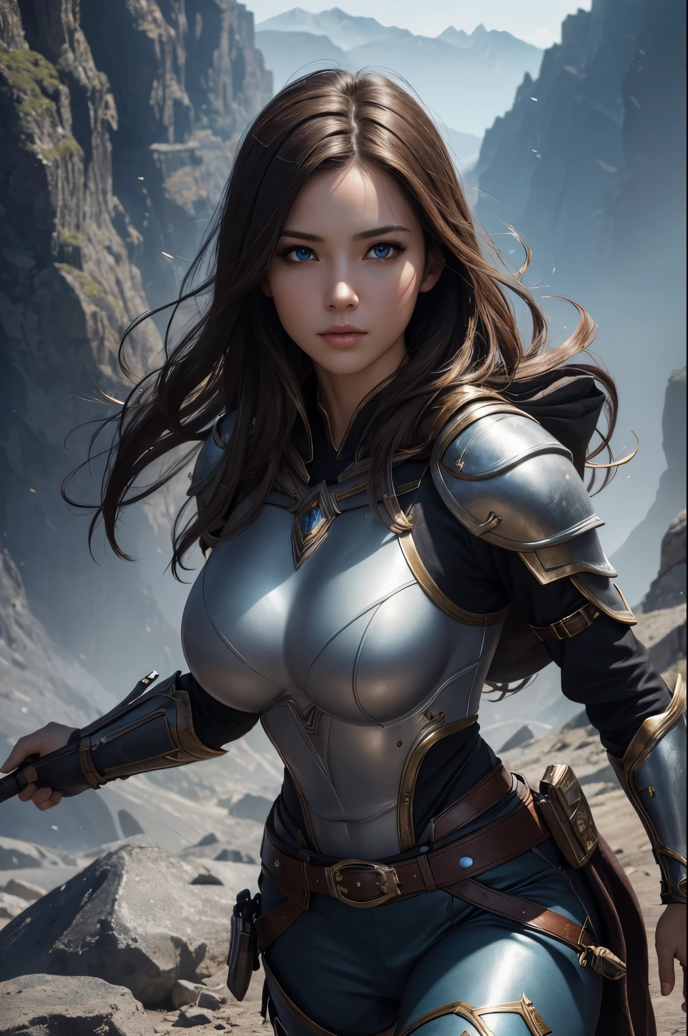 8K,Female adventurer from another world,Super beautiful(like the real thing),Adult woman in leather armor,brown hair,blue eyes,Carrying a long, large sword,Brown combat trousers,dagger on waist,Walking in mountainous areas,perfect face,Perfect hand shape,Charm,Volume measurement,Body balance,超High resolution,super realistic skin,Digital single-lens reflex camera, soft lighting, high quality, highly detailed face, highly detailed eyes, highly detailed skin, skin, Scattered beneath the surface, highly detailed face, highly detailed eyes, beautiful expression, lip whole, detailed background, Depth of the bounds written, small breasts、volume lighting, sharp focus, absurd, realistic proportions, excellent anatomy, (realistic, 超realistic:1.4), 16K HDR, dawn,big breasts,High resolution,super realistic skin,super beautiful expression,fantasy art,character art,dynamic pose,Makeup,poncho,