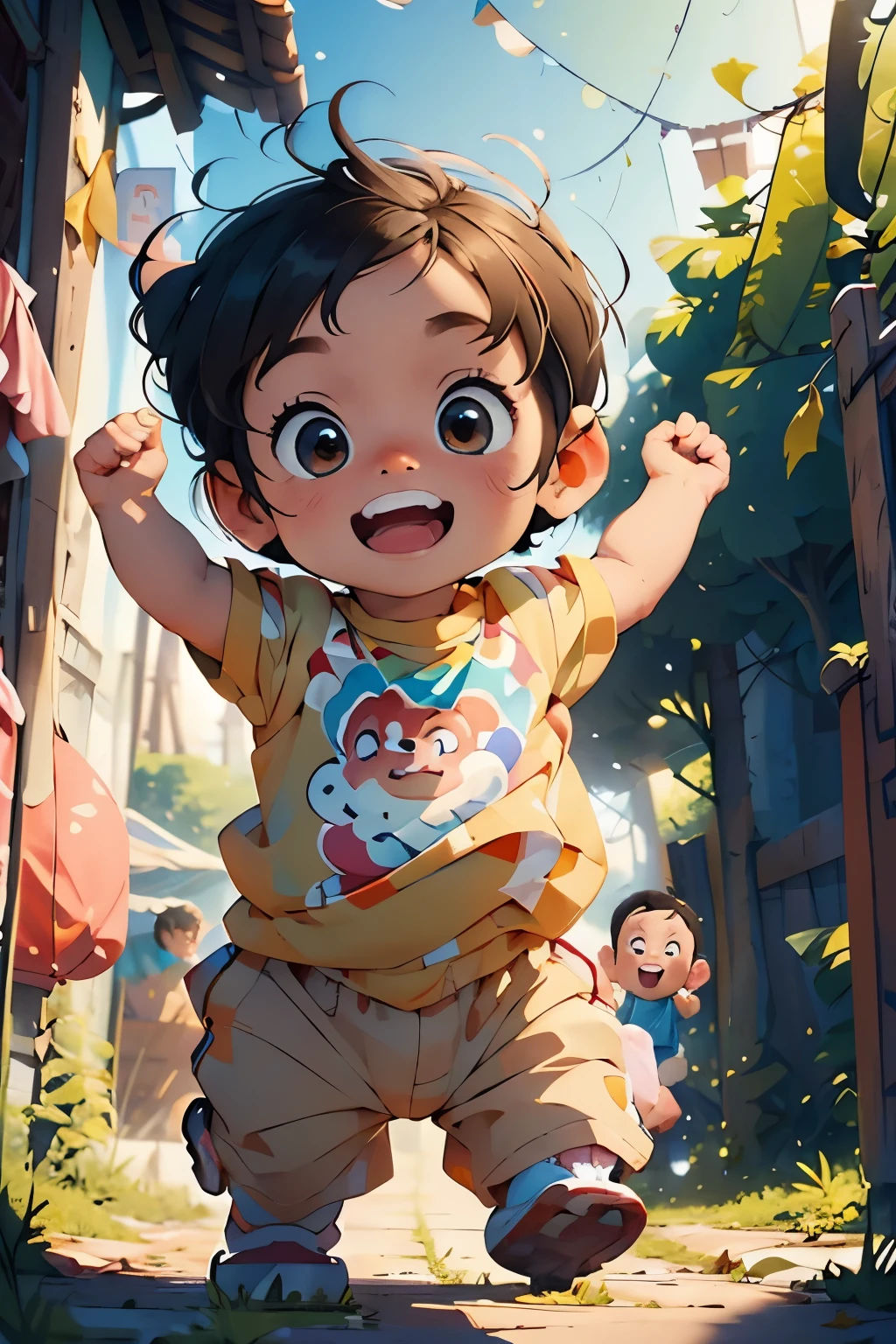 (Masterpiece), Top quality, Adorable baby girl, T-shirt, Wearing a diaper, Hands up above head, Mouth closed in a cheerful smile, Cute and chubby baby, Pixar-style animation, White pristine background, Bathed in sunlight with no shadows cast, One full-bodied baby in the middle, Baby in a playful pose, Holding a toy or reaching for a colorful ball, 45 degrees diagonal angle.