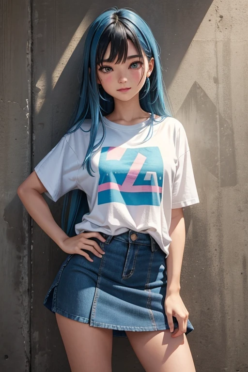 Village health worker, Highest quality, complicated details, Chromatic aberration, 1 girl comes in, dynamic gesture, movie corner, long hair, blue highlights, Heterochromia of the iris, gentle smile, Oversized t-shirt, Super Super Mini Skirt, Pull up your skirt to show off your panties., cowboy pictures, air lift, (Oversized t-shirt: 1.2finger), against the wall, concrete wall, Doodle, The light is dim., alleys