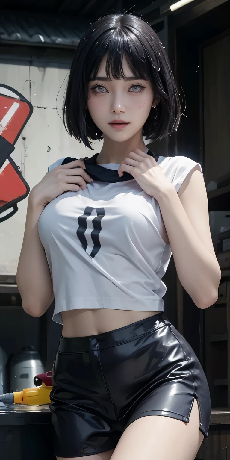 best quality, Masterpiece, Ultra high resolution, (realistic: 1.4), original photo, side lights, ดวงตาที่beautifulงามวิจิตร: 1.2, Masterpiece* Portrait, ความrealistically, 1 girl, มีvery detailed , perfect ,Hinata Hyuuga ,ภาพที่realistically,อะนิเมะที่realistically,realistically, In the anime Boruto, short hair,, smile, beautiful, sexy body, sexy clothes, wearing red glasses, very big breasts, เสื้อผ้าที่realistically, detailed clothing, outdoor background, very detailed, ตัวละครที่realistically, beautiful blushing face, beautiful teenager, Cute face, perfect, Glowing skin,(water gun:1.3)1 girl, alone,water gun:1,splashing water,white shirt