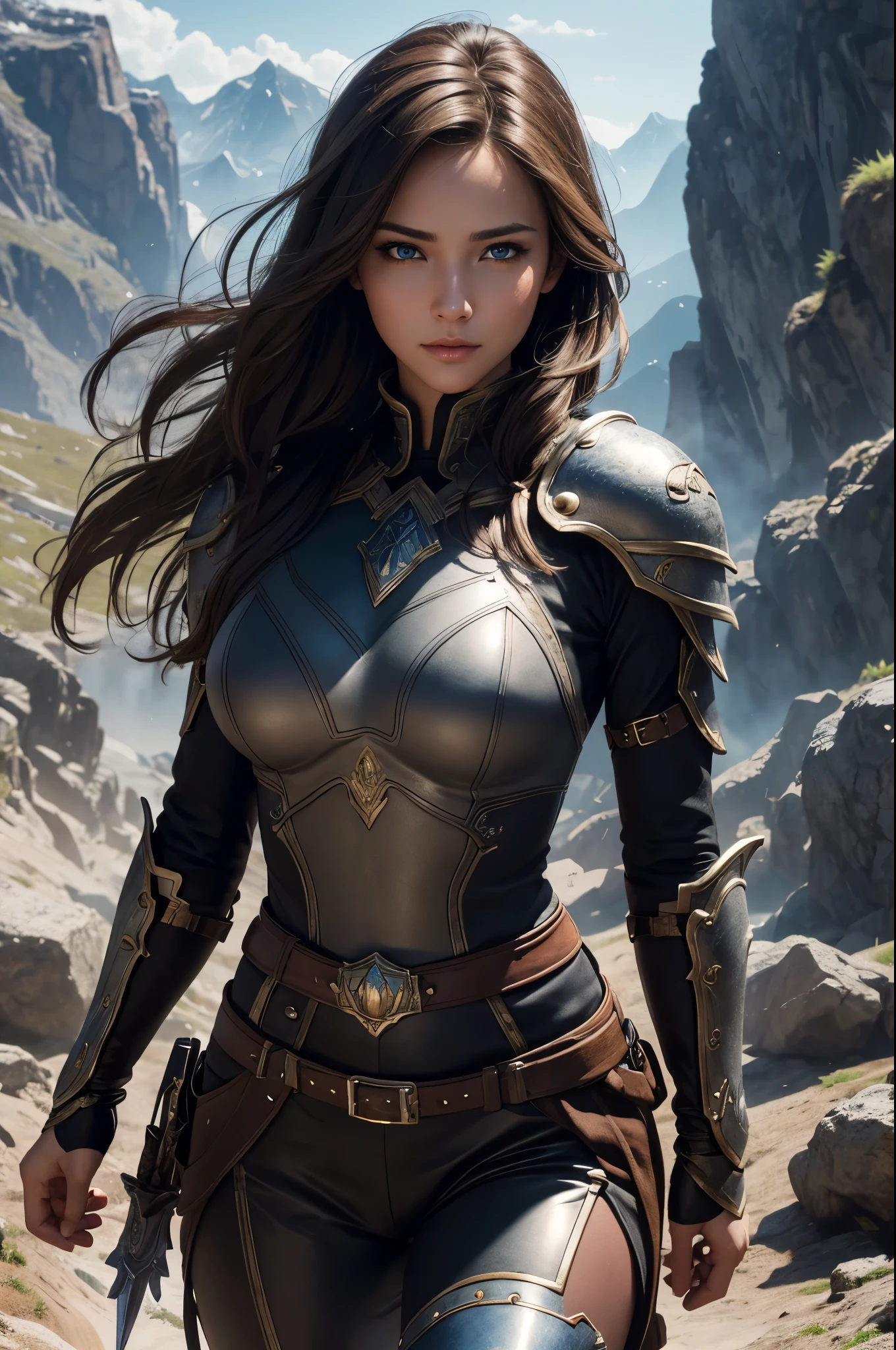 8K,Female adventurer from another world,Super beautiful(like the real thing),Adult woman in leather armor,brown hair,blue eyes,Carrying a long, large sword,Brown combat trousers,dagger on waist,Walking in mountainous areas,perfect face,Perfect hand shape,Charm,Volume measurement,Body balance,超High resolution,super realistic skin,Digital single-lens reflex camera, soft lighting, high quality, highly detailed face, highly detailed eyes, highly detailed skin, skin, Scattered beneath the surface, highly detailed face, highly detailed eyes, beautiful expression, lip whole, detailed background, Depth of the bounds written, small breasts、volume lighting, sharp focus, absurd, realistic proportions, excellent anatomy, (realistic, 超realistic:1.4), 16K HDR, dawn,big breasts,High resolution,super realistic skin,super beautiful expression,fantasy art,character art,dynamic pose,Makeup,poncho,