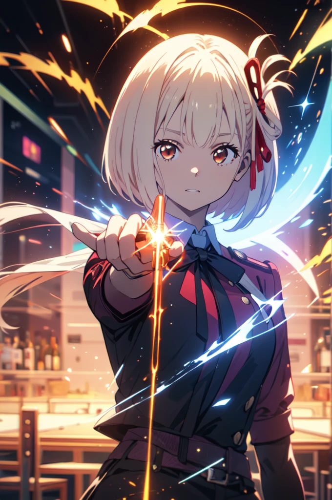 detailed five-fingered hand, holding a handgun, Chisato Nishikigi, lycoris uniform, Point a gun at the viewer, sparks fly, highest quality,((highest quality)),((table top)),((perfect face)),detailed５two-fingered hand,1 girl,The background will be, ((holographic)), , (stripes of light), impressive visuals, (dynamic streak, path of light:1.2), bright colors, Face up,dynamic pose,full body