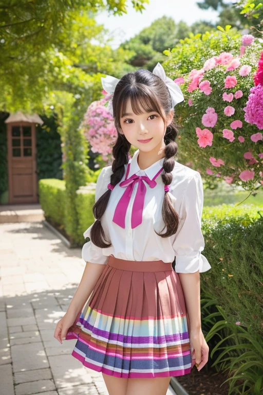 (high quality,photorealistic) A cute  girl with beautiful detailed eyes and lips, long eyelashes, and an Asian appearance. She is standing in a colorful garden, surrounded by blooming flowers and lush greenery. The sunlight gently illuminates her face, casting warm shadows. The girl is wearing a , consisting of a crisp white blouse, a pleated skirt, and knee-high socks. Her hair is neatly tied up in two pigtails, adorned with colorful ribbons. The vibrant colors of the garden create a lively and cheerful atmosphere. The painting style is reminiscent of traditional Japanese illustrations, with intricate details and delicate brushwork. The overall color tone is bright and lively, with a touch of softness.