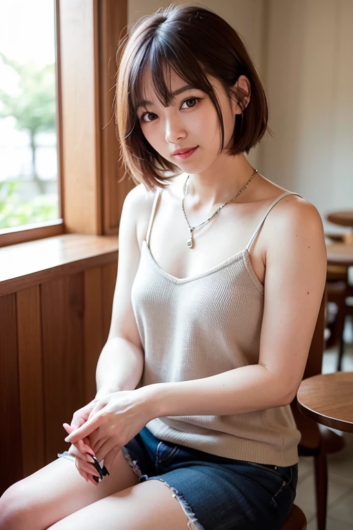 detailed description、Beauty、A place that makes you forget the hustle and bustle of the city、A peaceful corner of the cafe。The table has a warm wooden feel.、Decorated with seasonal flowers、The soft sunlight is streaming in through the window.。To sit there、清楚で可憐な雰囲気を持つBeauty。Her short hair、Swaying lightly with natural movement、Light brown eyes、Reflecting the surrounding scenery。
Her smile is、It's refreshing yet somehow nostalgic.。Casual but stylish clothing、It brings out her natural charm.。Natural makeup、Highlighting her beauty、It's effortlessly in harmony。On the neck、A simple yet striking silver necklace、It speaks to her sophisticated taste.。
Inside the cafe、Calm music playing、sometimes、I can hear other guests laughing and talking.。Beautyは、Enjoy the faint aroma of coffee wafting from the cup in your hand.、窓の外を行き交うpeople々looking at。Beyond her gaze、A place that makes you forget the hustle and bustle of the city公園が広がっており、lush trees々creates a pleasant shade。
このBeautyは、Although she has characteristics reminiscent of Suzu Hirose,、It has its own unique personality。around her、自然とpeople々Gather、I'm drawn to her bright aura。Her presence、Bring positive energy to those around you、people々Soothe the heart of。