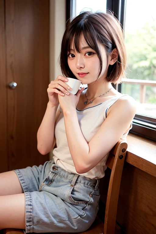 ((of the highest quality, 8K, masutepiece: 1.3, Raw photo)), Sharp Focus: 1.2, (1 AESPA Girl :1.1), Solo, (Realistic, Photorealistic: 1.37), (Face Focus: 1.1), Cute face, hyperdetailed face, Short messy hair, Small Smile, Small breasts, flat chest, nude, (chiffon panties: 1.2), Sitting, skirt, from below, Thigh, (Night, bar, cafe: 1.2), (flower, Cattleya: 1.2)