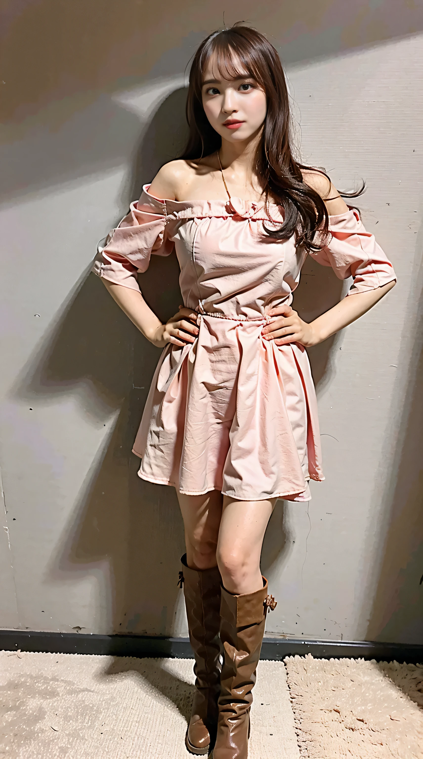 (8K、RAW Photos、Highest quality、masterpiece:1.2)、(Realistic、Realistic)、1 Girl、((mini skirt、smile、black、Thin legs、whole body、boots、Clothes with ribbons、Anime Costumes、Chest ribbon、Off the shoulder、See-through、Frills、garden、View from the front、Ribbon on chest、Looking into the camera、belt、Stand with hands on hips))、