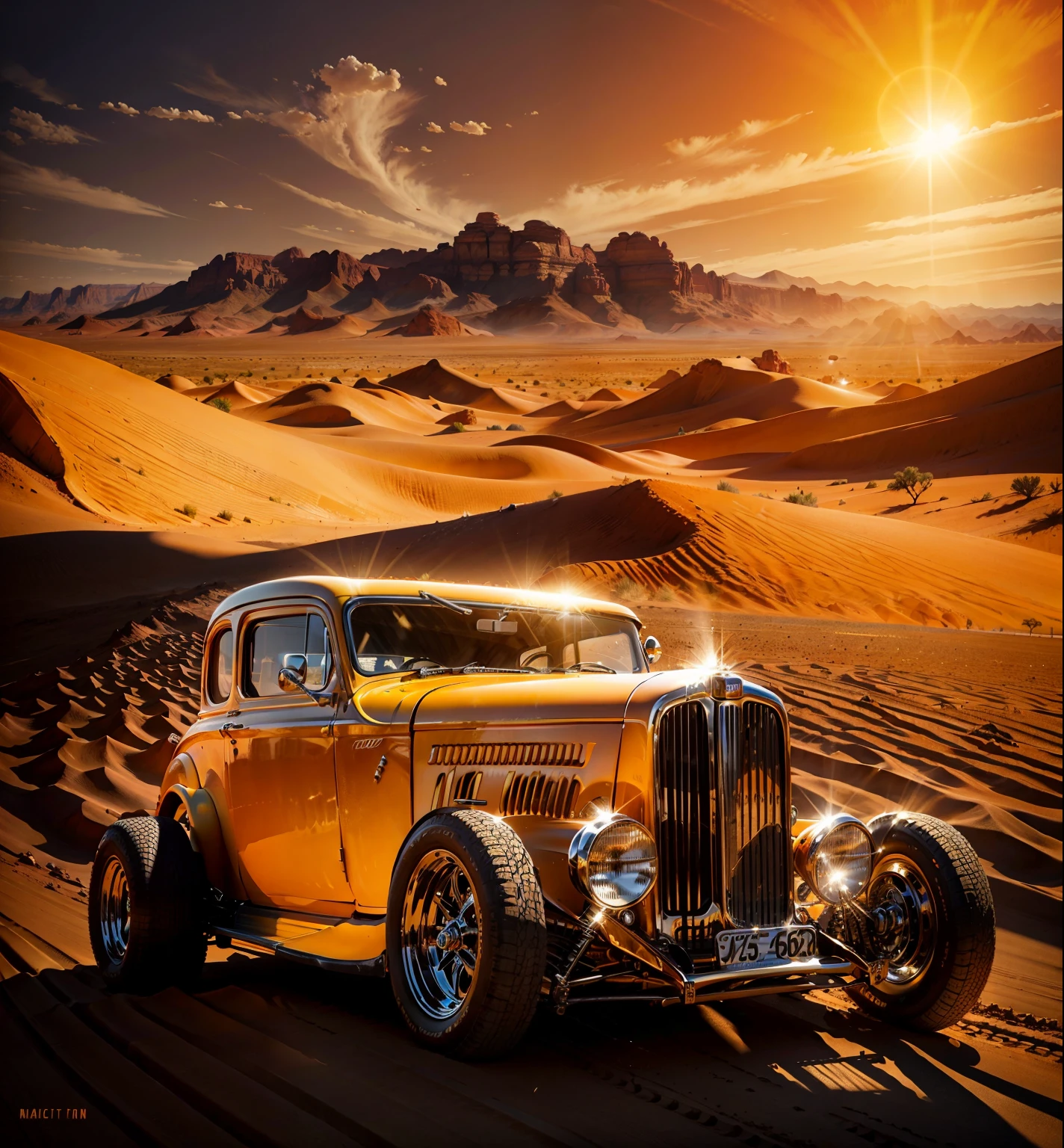 A vast, orange desert stretches towards the horizon under a blazing sun. In the foreground, a gleaming YELLOW Hot Rod Ford 32 sits parked, casting a long shadow in the midday heat. The chrome details of the car glint in the sunlight, contrasting with the rugged desert landscape.