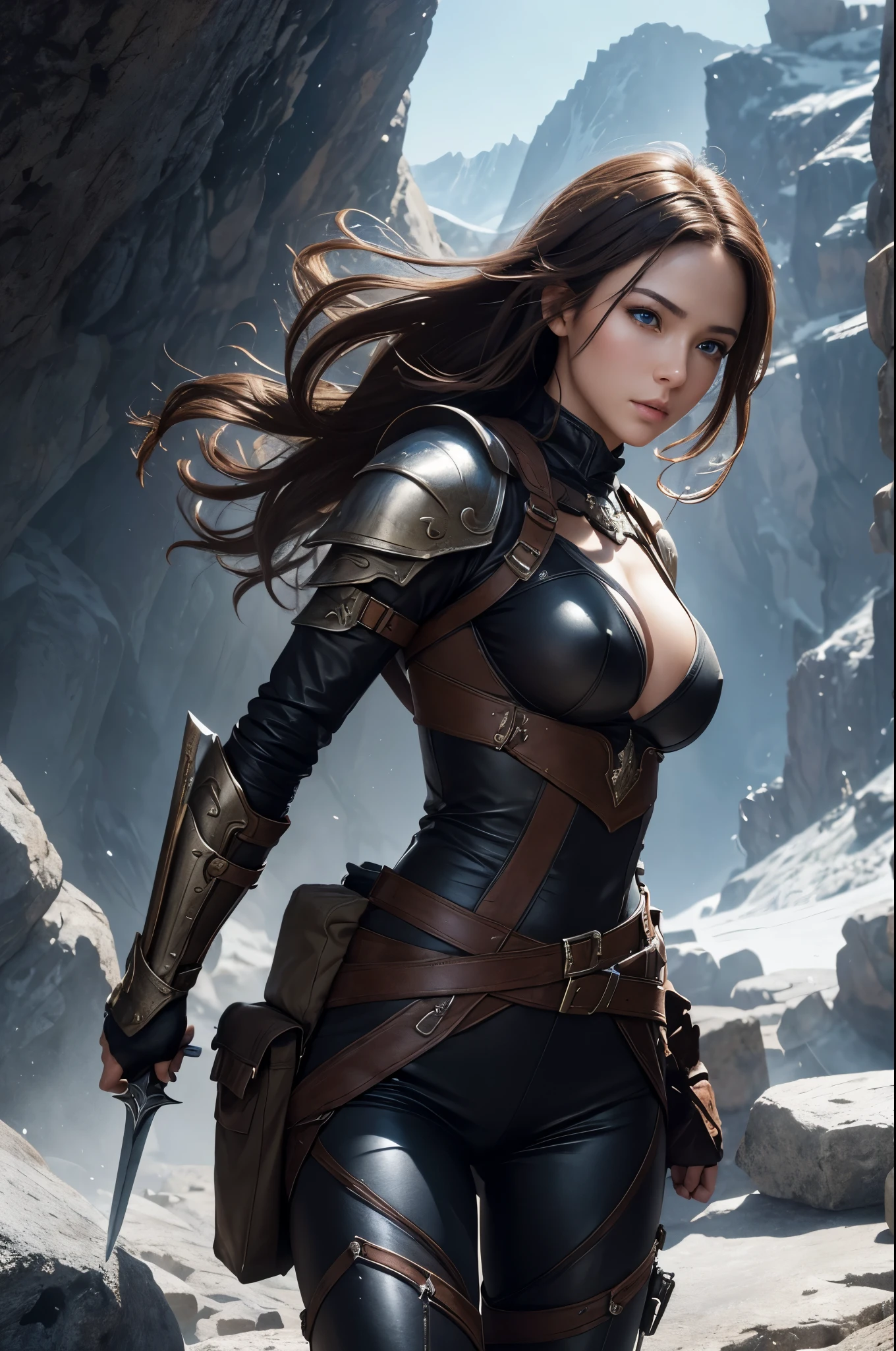 8K,Female adventurer from another world,Super beautiful(like the real thing),Adult woman in leather armor,brown hair,blue eyes,Carrying a long, large sword,Brown combat trousers,dagger on waist,Walking in mountainous areas,perfect face,Perfect hand shape,Charm,Volume measurement,Body balance,超High resolution,super realistic skin,Digital single-lens reflex camera, soft lighting, high quality, highly detailed face, highly detailed eyes, highly detailed skin, skin, Scattered beneath the surface, highly detailed face, highly detailed eyes, beautiful expression, lip whole, detailed background, Depth of the bounds written, small breasts、volume lighting, sharp focus, absurd, realistic proportions, excellent anatomy, (realistic, 超realistic:1.4), 16K HDR, dawn,big breasts,High resolution,super realistic skin,super beautiful expression,fantasy art,character art,dynamic pose,Makeup,poncho,