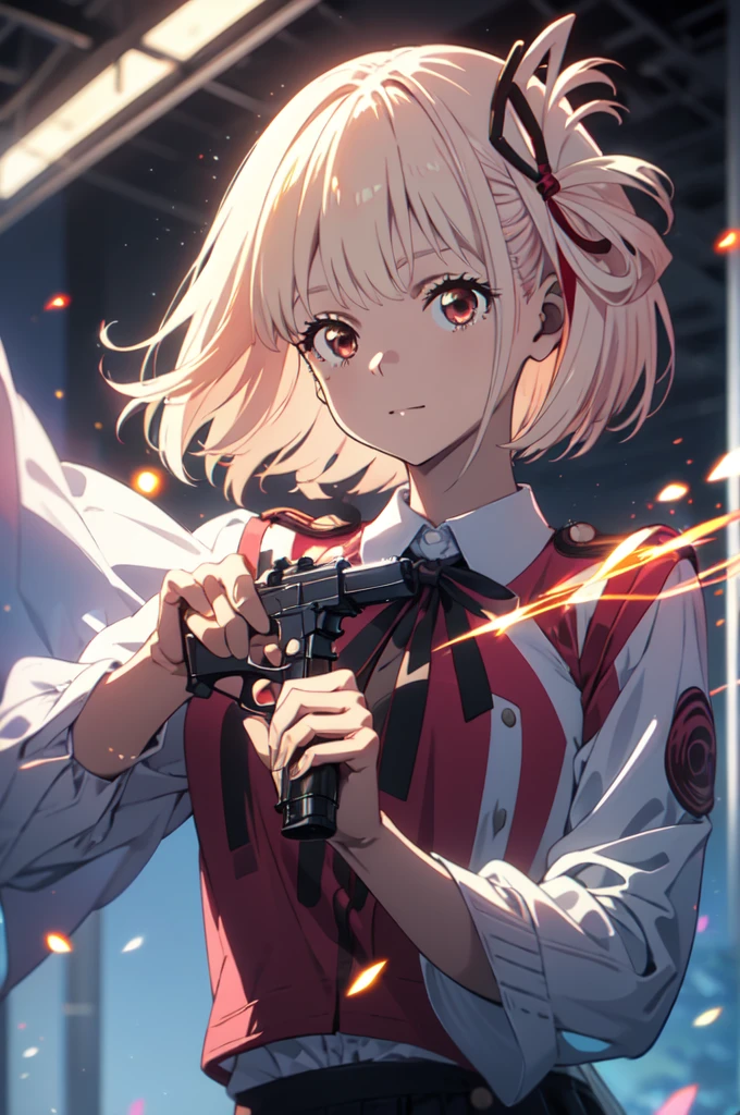 pointing a gun at the audience, detailed five-fingered hand, holding a handgun, Chisato Nishikigi, lycoris uniform, sparks fly, highest quality,((highest quality)),((table top)),((perfect face)),detailed5two-fingered hand,1 girl,The background will be, ((holographic)), , (stripes of light), impressive visuals, (dynamic streak, path of light:1.2), bright colors, Face up,dynamic pose,full body