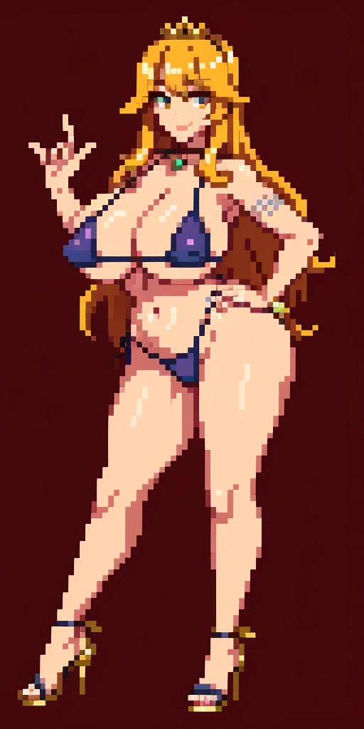Dos muslos largos, ojos amarillos, pelo rubio, cabello corto, pechos grandes, mangas separadas, fondo muy blanco, tiara real, capa larga, Bikini tigre amarillo, tacones altos, manos en la cintura. Tatuaje rojo en el ombligo., MILF de cuerpo completo BIMBO, cara de sonrisa lujuriosa (rubor rojo), hombros de metal, brazales dorados sin mangas, gargantilla negra