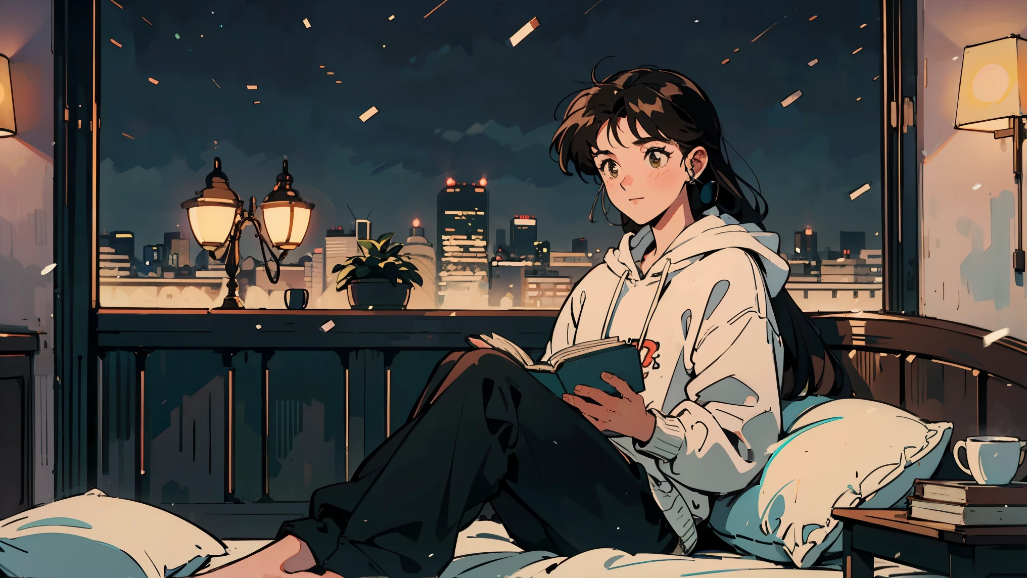 best quality, 8K, 1990s style,Hairstyles of the 2010s, 21 year old girl, black hair, long hair, light brown eyes, skin as white as snow, city pop,hoodie, pants, inside the room,night view, Wearing headphones,reading a book, whole body, sitting on the bed, Relax Coffee,table,sweets,looking at me
