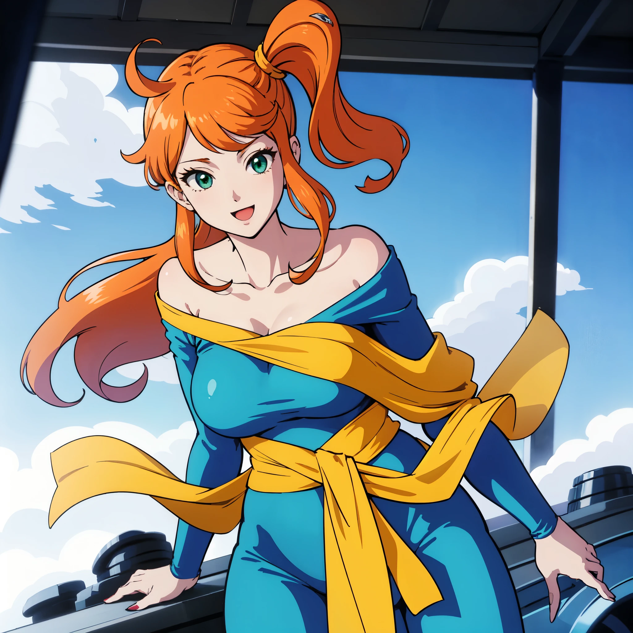 masterpiece、highest quality、anime woman、solo、looking at the viewer、laugh at、long hair、orange hair、eyelash、green eyes、side ponytail、big breasts、woman with very large breasts、collarbone、blue bodysuit、off shoulder、long sleeve、yellow sash、