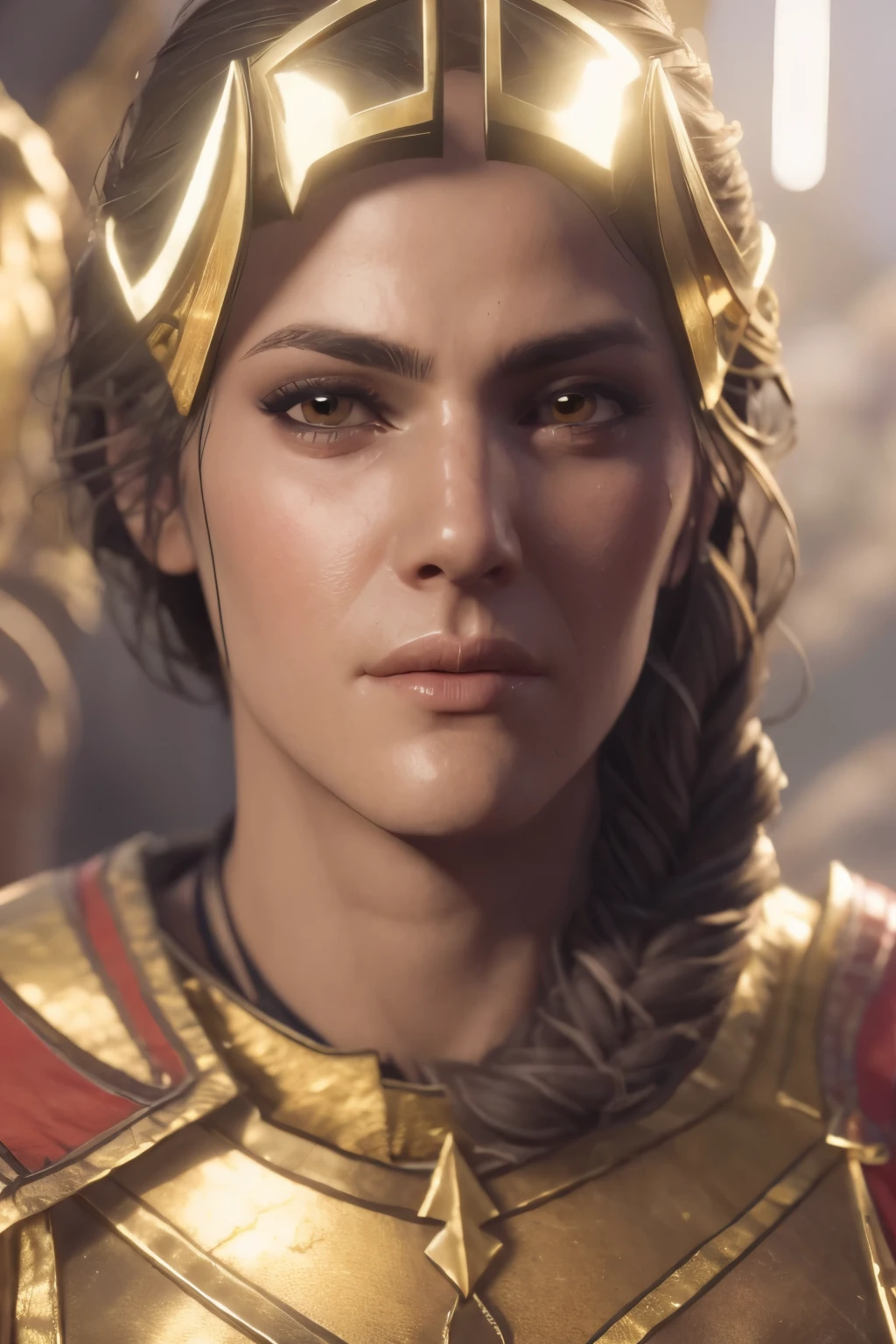 extremely detailed Kassandra Assassin's Creed Universe,Detailed Lips, Detailed Eyes, detailed eyelashes, detailed face, textured skin, super detail lighting, mid body shot,