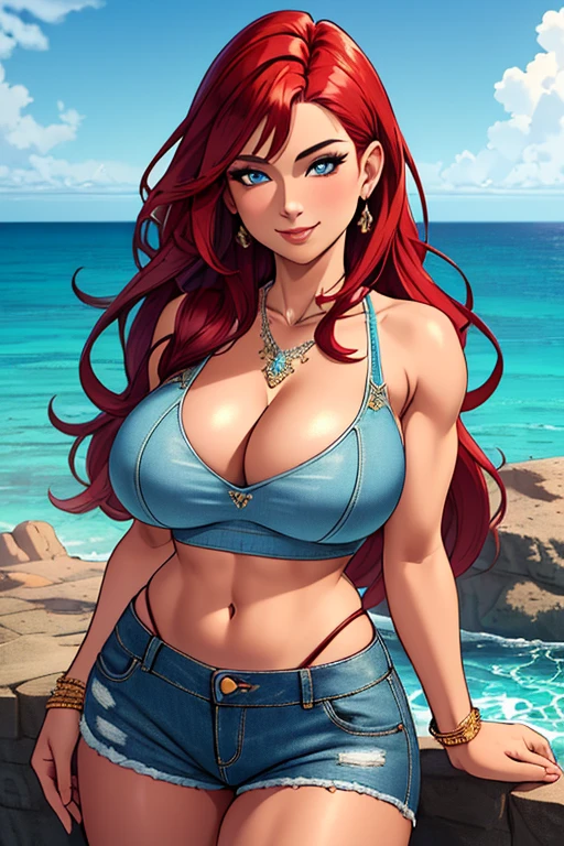 masterpiece,,((ultra detailed background, delicate pattern, intricate detail)), (highly detailed, fine details, rich colors), best quality, beautiful lighting, 1girl, young woman at 22, red hair, solo, long hair, blue eyes, smile,((big breasts, cleavage, perfect model physique)), ((V-neck crop top ,denim shorts, necklace)), (complex detailed background, barren land, rocks, ocean, outside, nature environment), (cowboy shot),