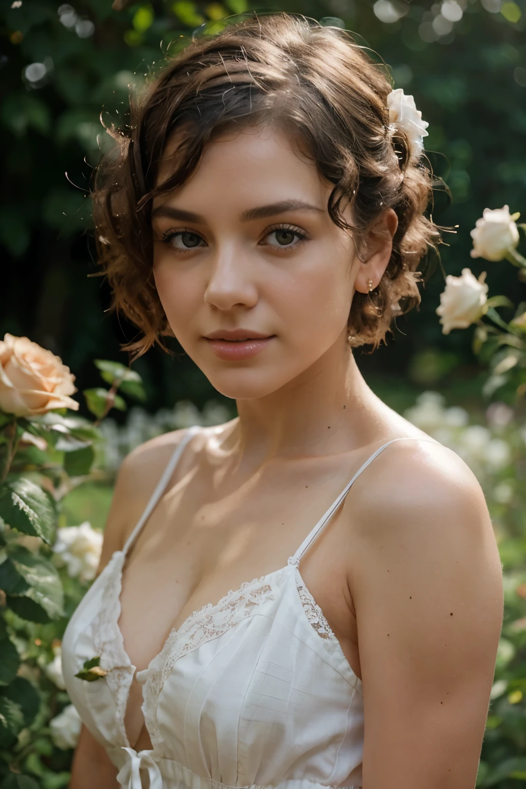 Beautiful woman with white short curly hair, extremely high quality RAW color photo with high detail, romantic mood, Canon EOS R5 effect, soft lighting, warm tones, depth of field effect, eye contact, girl wearing white lace vintage dress, in the garden, where the roses bloom, Victorian style, detailed facial features, background lighting, bokeh, emotional depth, shine and radiance of the skin