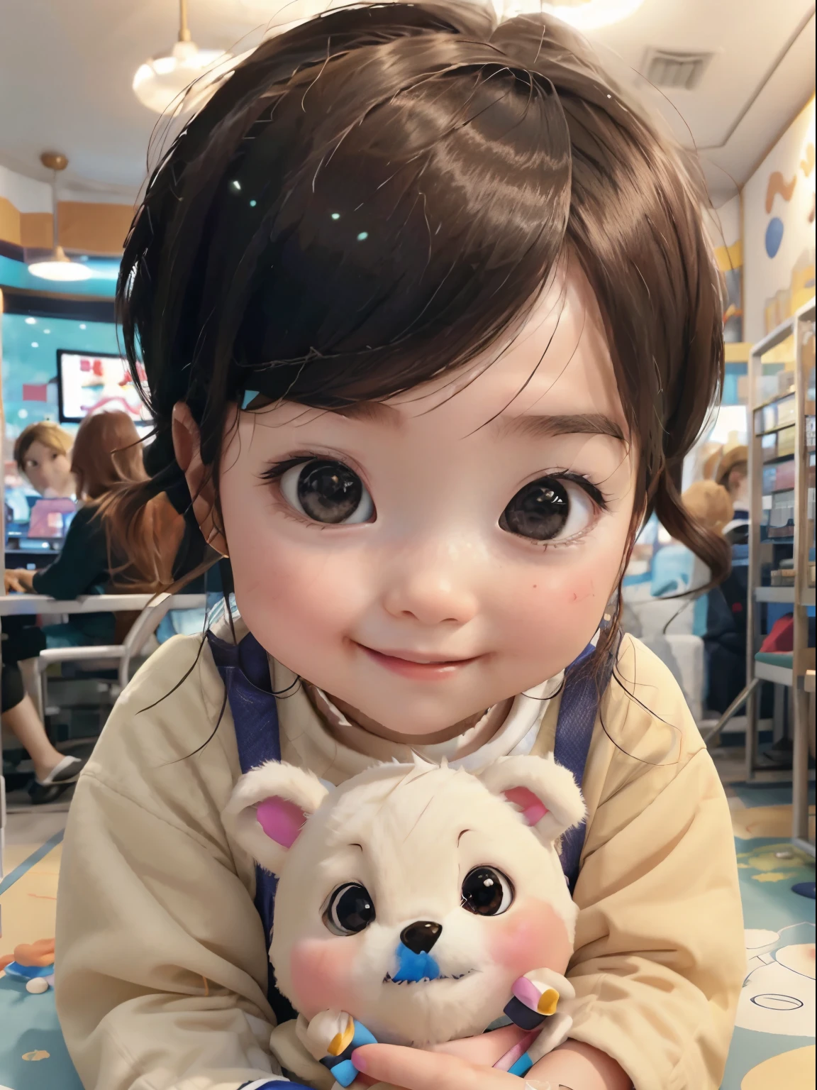 A girl looking into a stuffed animal picking game at a game center、sparkling eyes、smile、