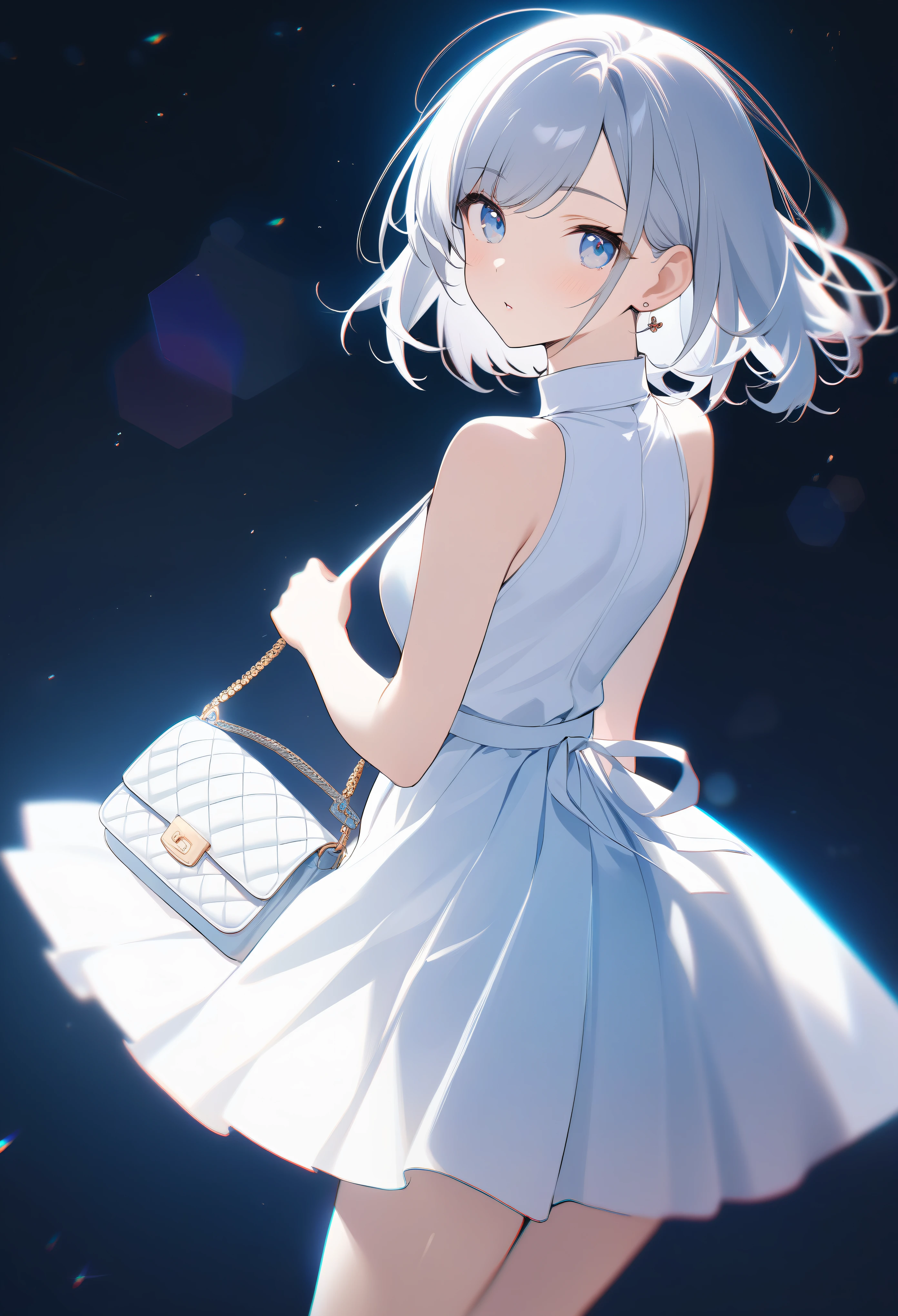 1girl,^ ^,(solo:1.2),medium hair,swept bangs,perfect body,stud_earrings,white dress,pleated_skirt,sleeveless,pumps,a luxury brand handbag,overexposure,chromatic_aberration,lens_flare,white background,masterpiece,best quality,absurdres