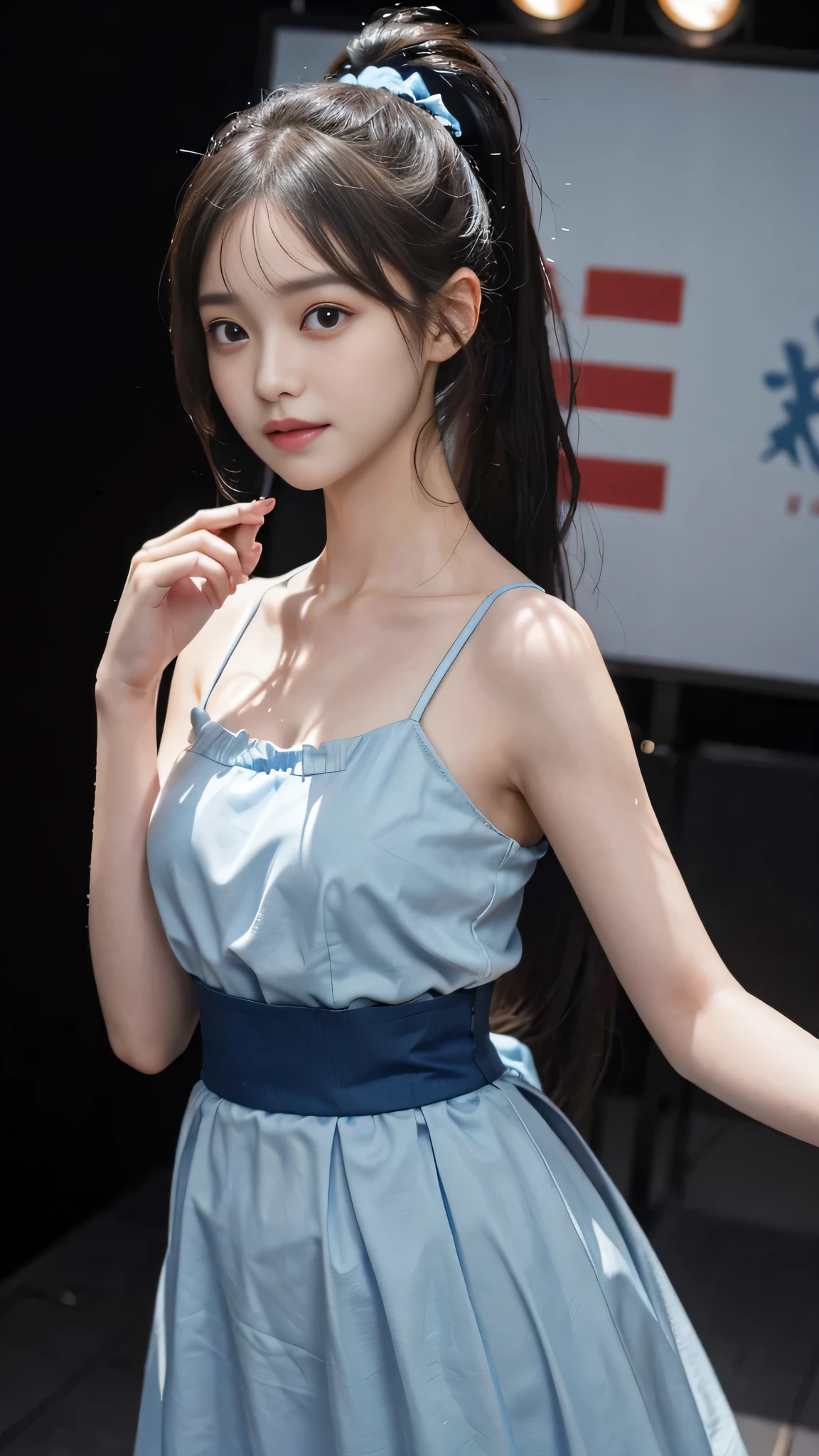 close up face,standing on stage,Blue colored long dress with lots of ruffles,One woman,masutepiece, The highest image quality, High quality, the background is clear,Beautiful woman, Japanese, Detailed, Detailed eyes, Detailed skin, Beautiful skin, 超hight resolution, (reality: 1.4),Very beautiful woman, Slightly younger face, Beautiful skin, slender, (Ultra photo realsisim), (hight resolution), (8K), (Very detailed) (beautifully detailed eyes), (super detailed), (Detailed face), view the viewer, Fine details, Detailed face, Staring straight ahead, Staring straight ahead, photos realistic, Bright lighting, Professional Lighting, Black hair,poneyTail,a baby face,fifteen years old,Hairstyle is ponytail,long ponytail hairstyle,slight smile,neat and tidy clothing,Beautiful Japanese KPOP idol photo, hair style is ponytail, my eyes are double and wide, baby face, smile and look straight ahead, slender, small breasts,Blue ribbon on head,