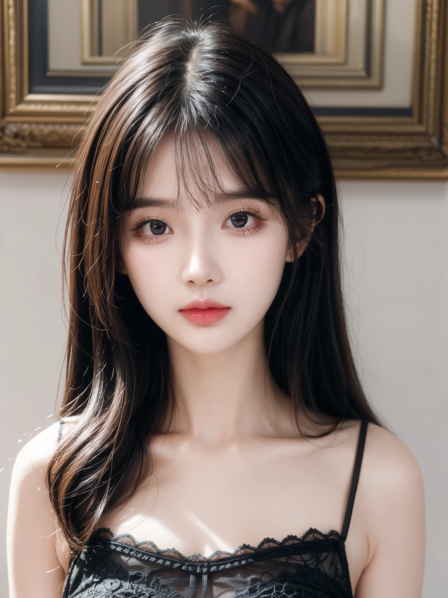 masterpiece, best quality, (Dark photos:1.3), lifelike, 1 girl wearing lace camisole, Flat bangs, Stunningly innocent symmetrical face, emotional, Urzan, (Pure love face_v1:0.7)