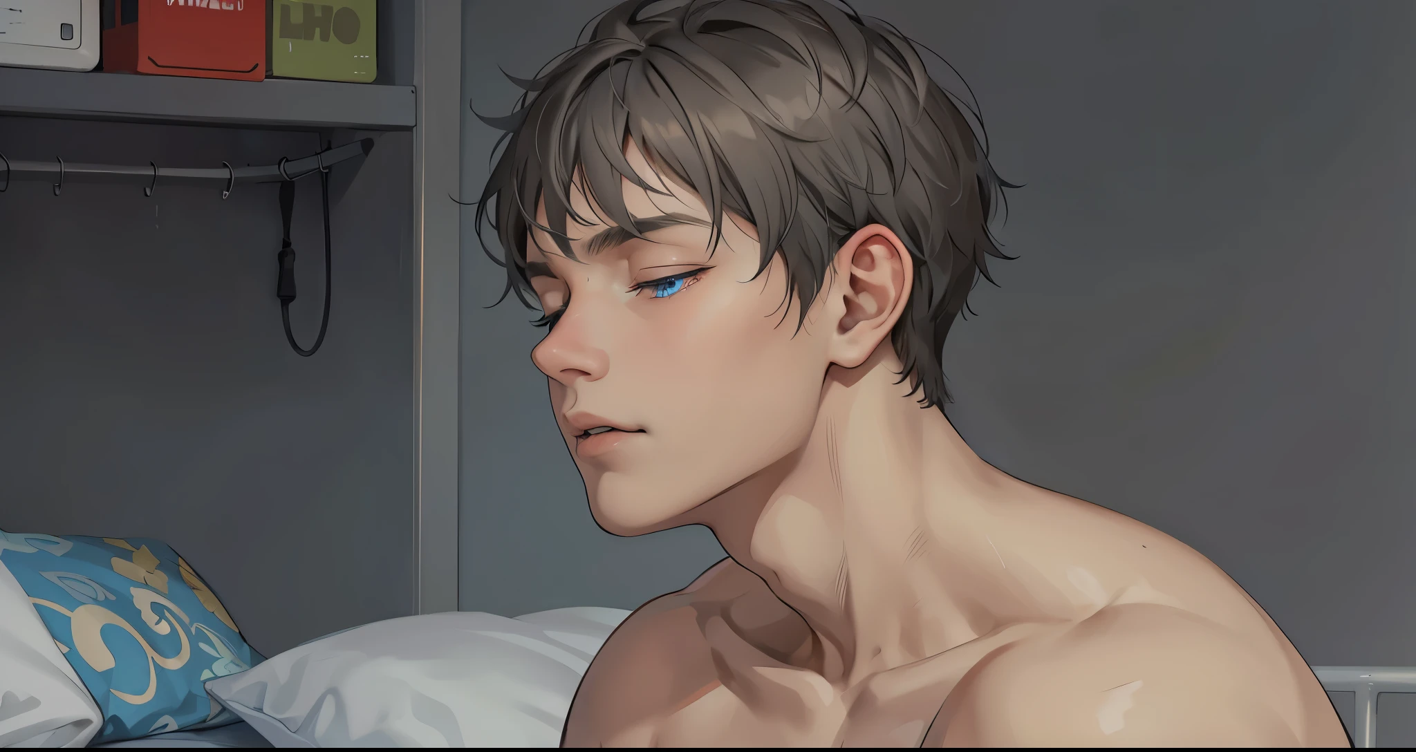 cute young 16 year old man gray hair blue eyes waking up from a nightmare he is in bed