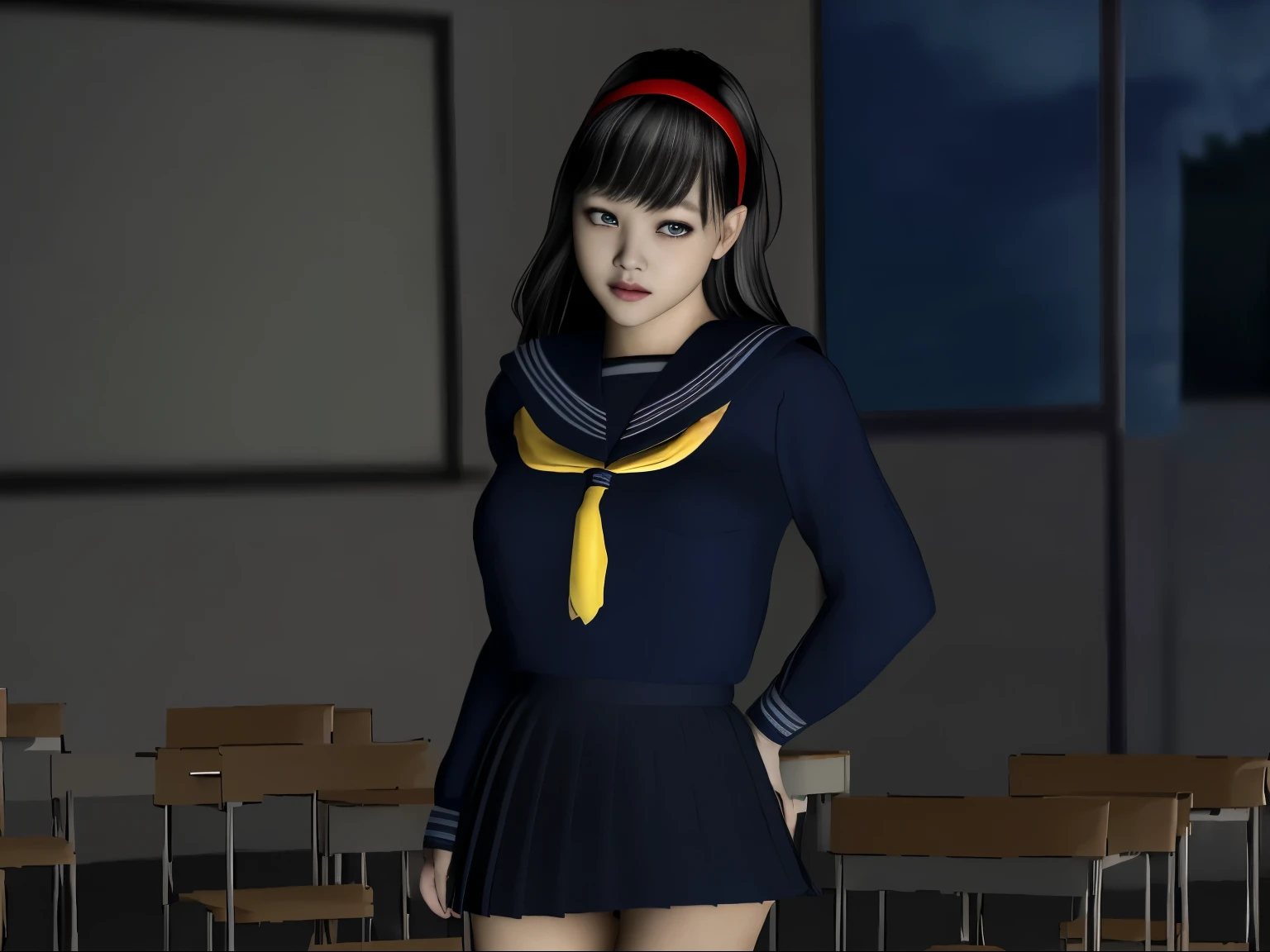 (dark photo、unity、8k wallpaper)、(very delicate and beautiful)、(masterpiece)、(highest quality:1.2)、(超A high resolution:1.3)、(beautiful realistic asian),beautiful lighting、perfect lightning、realistic shadow、fine skin、Super detailed、detailed face and eyes、realistic eyes、sharp pupils、Huge , inside the classroom、School、sunset、beautiful face、blurred background、(japanese woman)、shiny skin、side up、美しいblack hair、dull bangs、Japan High School Sailor Uniform、pleated mini skirt、gentle smile, ((table top, highest quality)), (shiny skin), cinematic lighting, Physically based rendering, award-winning, highly detailed skin, highly detailed face, Beautiful eyes in every detail, Carl Zeiss 85mm F/1.4, (Standing position), (cumin , on the chest and thighs), she'She's a very cute 16 year old , (black hair, straight long hair, open your eyes, blush), big cleavage, (sailor blouse, Pull up the pleated skirt yourself:1.3), watching from a distance, (navy knee socks, thigh focus),art by、