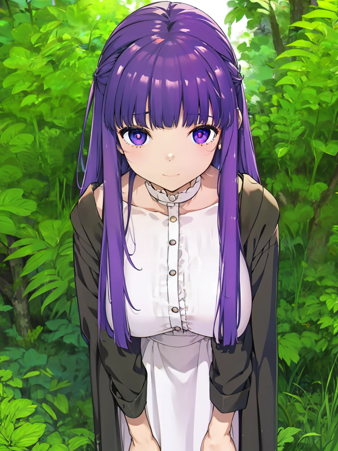 freirenFern, Fern, purple hair, long hair, purple eyes, dull bangs, side lock, half up hair, bright pupils, (big breasts, 1 girl), Ruffled collar, black robe, white dress, center ruffle, button, wide sleeve, long sleeve, crooked, Ruffled collar, BREAK&#39;s masterpiece, highest quality, High resolution, 8K, official art, super resolution, very detailed and beautiful, very detailed, Incredibly detailed, very detailed美しい***, very detailed顔, very detailed目, very detailed肌, very detailed指, very detailed鼻, very knowledgeable mouth, Perfect Anatomy BREAK Full Body Shot, look down, Pray BREAK HILL, nature, forest, very detailed CG unity 16k, Very detailed 16KCG wallpaper
