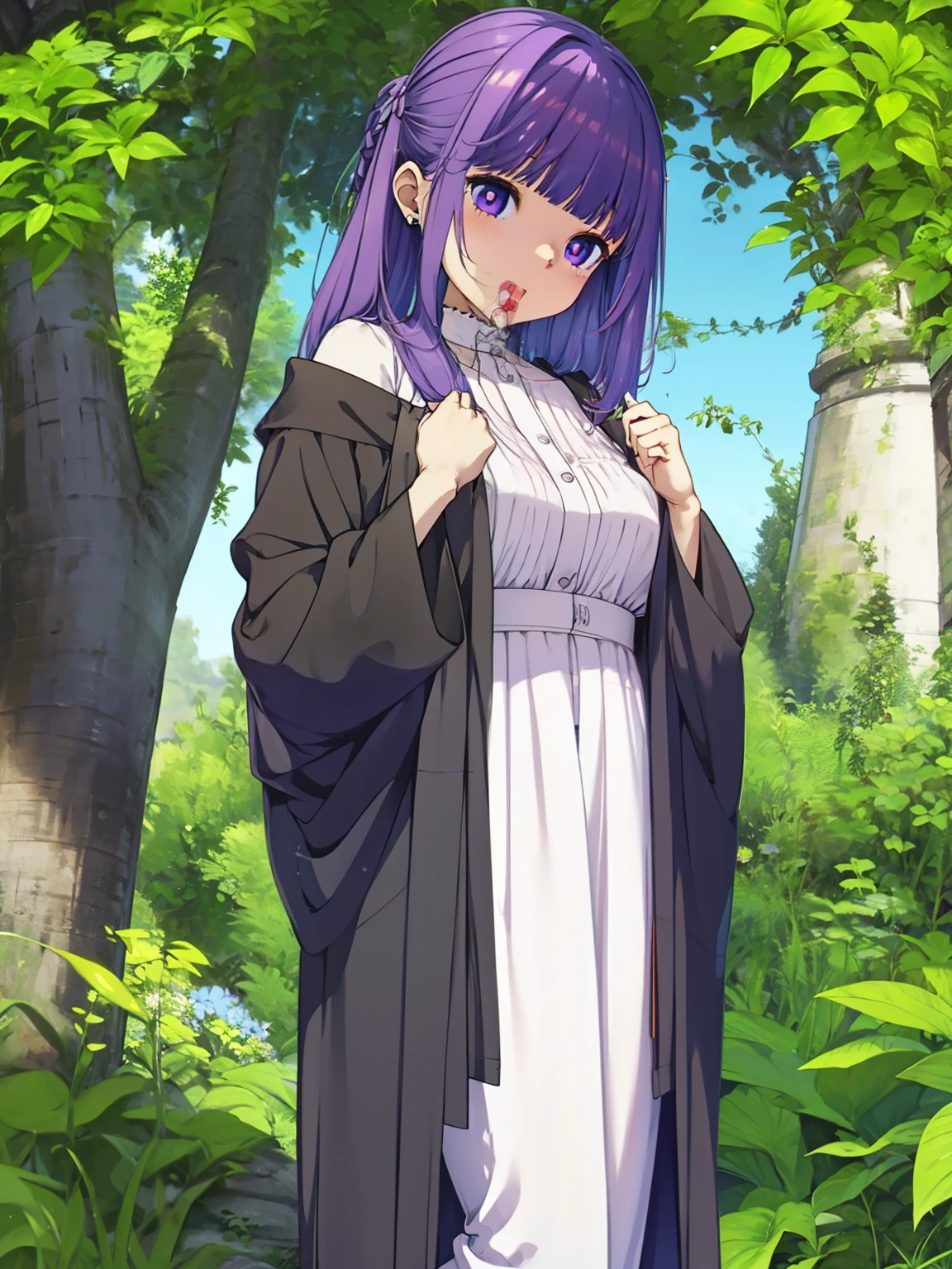 freirenFern, Fern, purple hair, long hair, purple eyes, dull bangs, side lock, half up hair, bright pupils, (big breasts, 1 girl), Ruffled collar, black robe, white dress, center ruffle, button, wide sleeve, long sleeve, crooked, Ruffled collar, BREAK&#39;s masterpiece, highest quality, High resolution, 8K, official art, super resolution, very detailed and beautiful, very detailed, Incredibly detailed, very detailed美しい女の子, very detailed顔, very detailed目, very detailed肌, very detailed指, very detailed鼻, very knowledgeable mouth, Perfect Anatomy BREAK Full Body Shot, look down, Pray BREAK HILL, nature, forest, very detailed CG unity 16k, Very detailed 16KCG wallpaper
