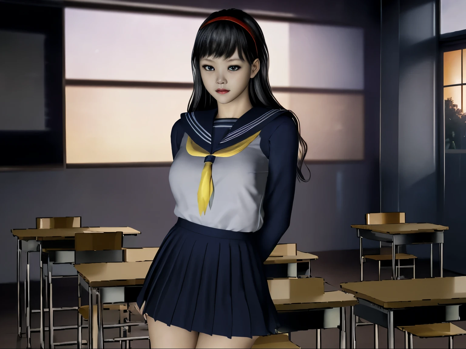 (dark photo、unity、8k wallpaper)、(very delicate and beautiful)、(masterpiece)、(highest quality:1.2)、(超A high resolution:1.3)、(beautiful realistic asian),beautiful lighting、perfect lightning、realistic shadow、fine skin、Super detailed、detailed face and eyes、realistic eyes、sharp pupils、Huge , inside the classroom、School、sunset、beautiful face、blurred background、(japanese woman)、shiny skin、side up、美しいblack hair、dull bangs、Japan High School Sailor Uniform、pleated mini skirt、gentle smile, ((table top, highest quality)), (shiny skin), cinematic lighting, Physically based rendering, award-winning, highly detailed skin, highly detailed face, Beautiful eyes in every detail, Carl Zeiss 85mm F/1.4, (Standing position), (cumin , on the chest and thighs), she&#39;She&#39;s a very cute 16 year old , (black hair, straight long hair, open your eyes, blush), big cleavage, (sailor blouse, Pull up the pleated skirt yourself:1.3), watching from a distance, (navy knee socks, thigh focus),art by、 