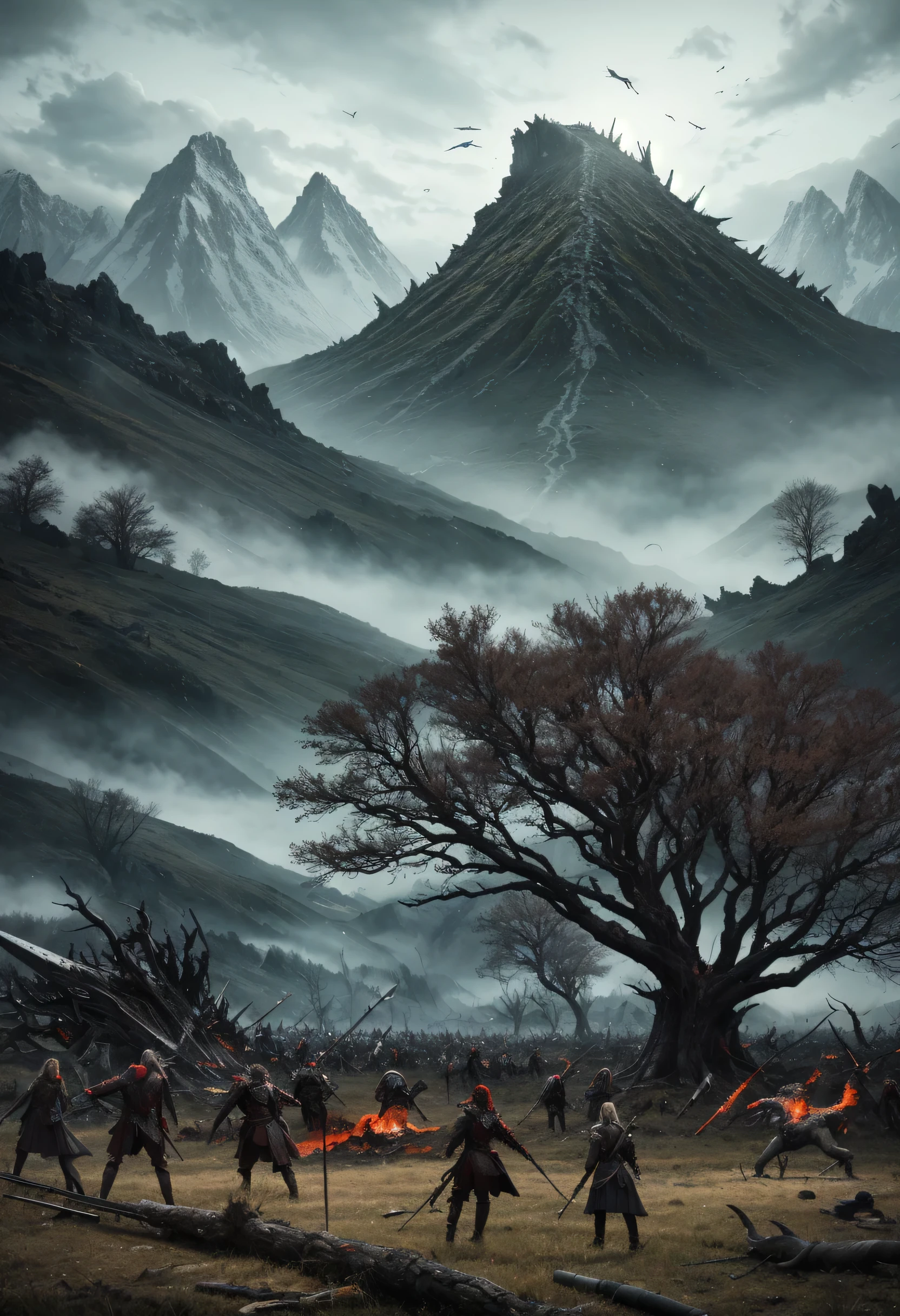 A battlefield in the open field, filled with the corpses and blood of fantastical creatures. Trees are toppled, and mountains are split. Alongside their blood, gods are falling from the sky.