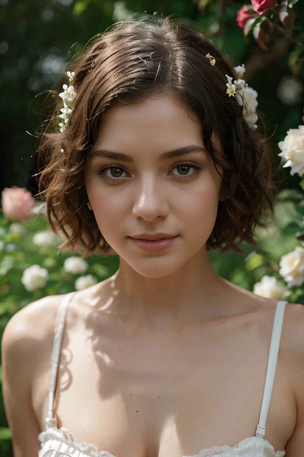 Beautiful woman with white short curly hair, extremely high quality RAW color photo with high detail, romantic mood, Canon EOS R5 effect, soft lighting, warm tones, depth of field effect, eye contact, girl wearing white lace vintage dress, in the garden, where the roses bloom, Victorian style, detailed facial features, background lighting, bokeh, emotional depth, shine and radiance of the skin