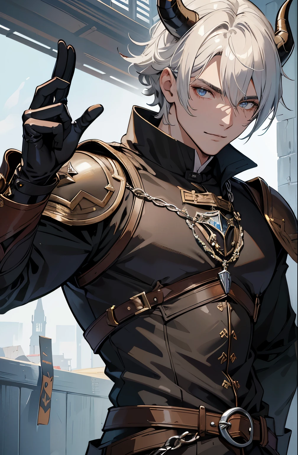 (Obra de arte), Melhor qualidade, ultra-high resolution, ((Um homem)), garoto, masculine, elegante, olhos expressivos, Rosto perfeito, corpo inteiro, Olhando para o espectador, dutch angle, Cowgaroto erschossen, (cabelo preto longo com rabo de cavalo longo), (cor dos olhos vermelhos), two long dragon horns on its head, armadura de couro, Clothes for the Middle Ages, easy smile, Detailed history, beco medieval, extreme attention to detail, 4K