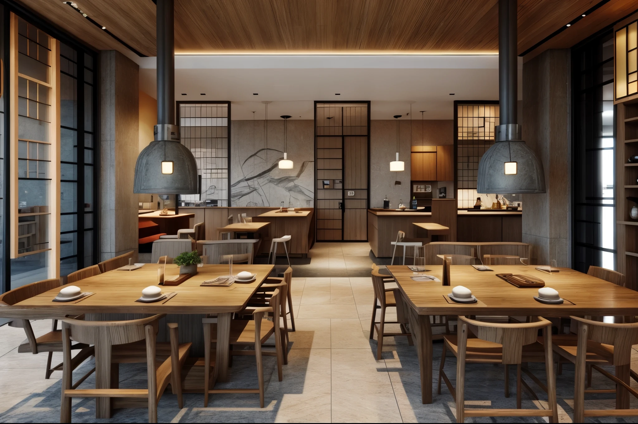 Hong kong restaurant in modern style, high quality photos, gray tile floors, art deco ceilings, The walls are decorated in bright colors and have murals, Stone table top, gray wooden chairs