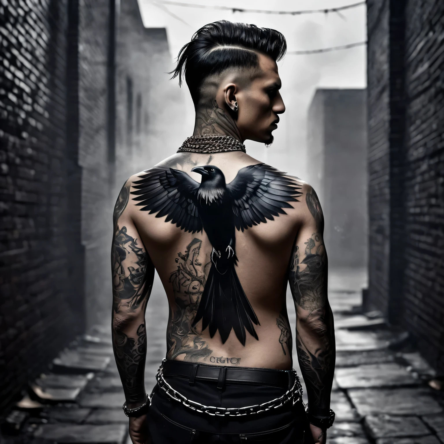large male back tattoo, black and white, eagle swooping, holding human skull in talons