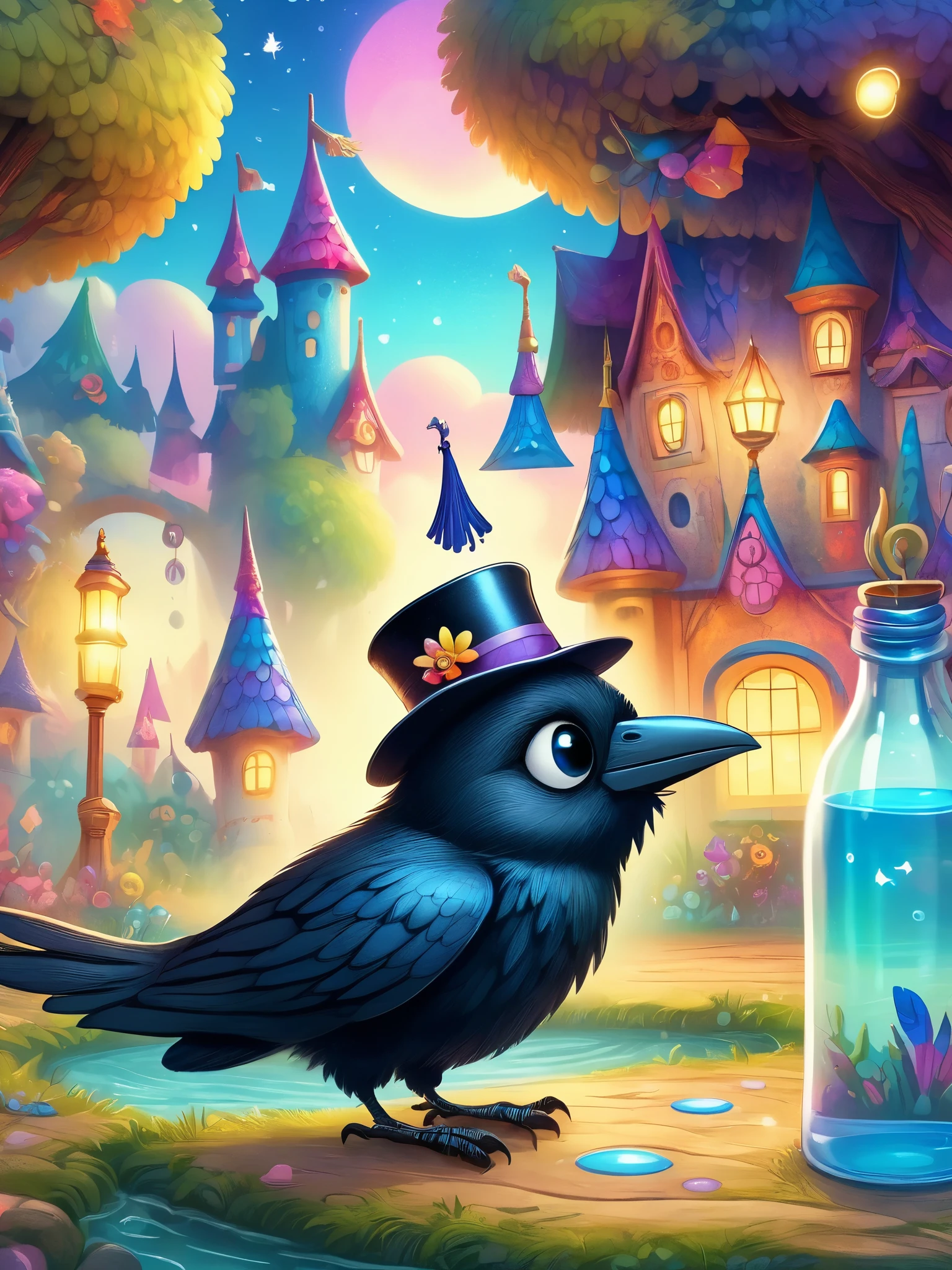 A dreamy fairytale world, a multitalented Mr. Crow, wearing a top hat and glasses, (best quality, high-res, masterpiece:1.2) ultra-detailed, marvelously colorful, magical lighting.