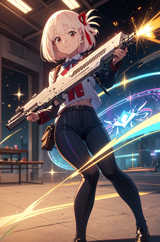 pointing a gun at the audience, detailed five-fingered hand, holding a handgun, Chisato Nishikigi, lycoris uniform and sparkling background, highest quality,((highest quality)),((table top)),((perfect face)),
detailed５two-fingered hand,1 girl and city background, ((holographic)), 
 (stripes of light), 
impressive visuals, Like the cover of a movie,　
(dynamic streak, path of light:1.2), rainbow color, 
bright colors, Face up,dynamic pose,full body