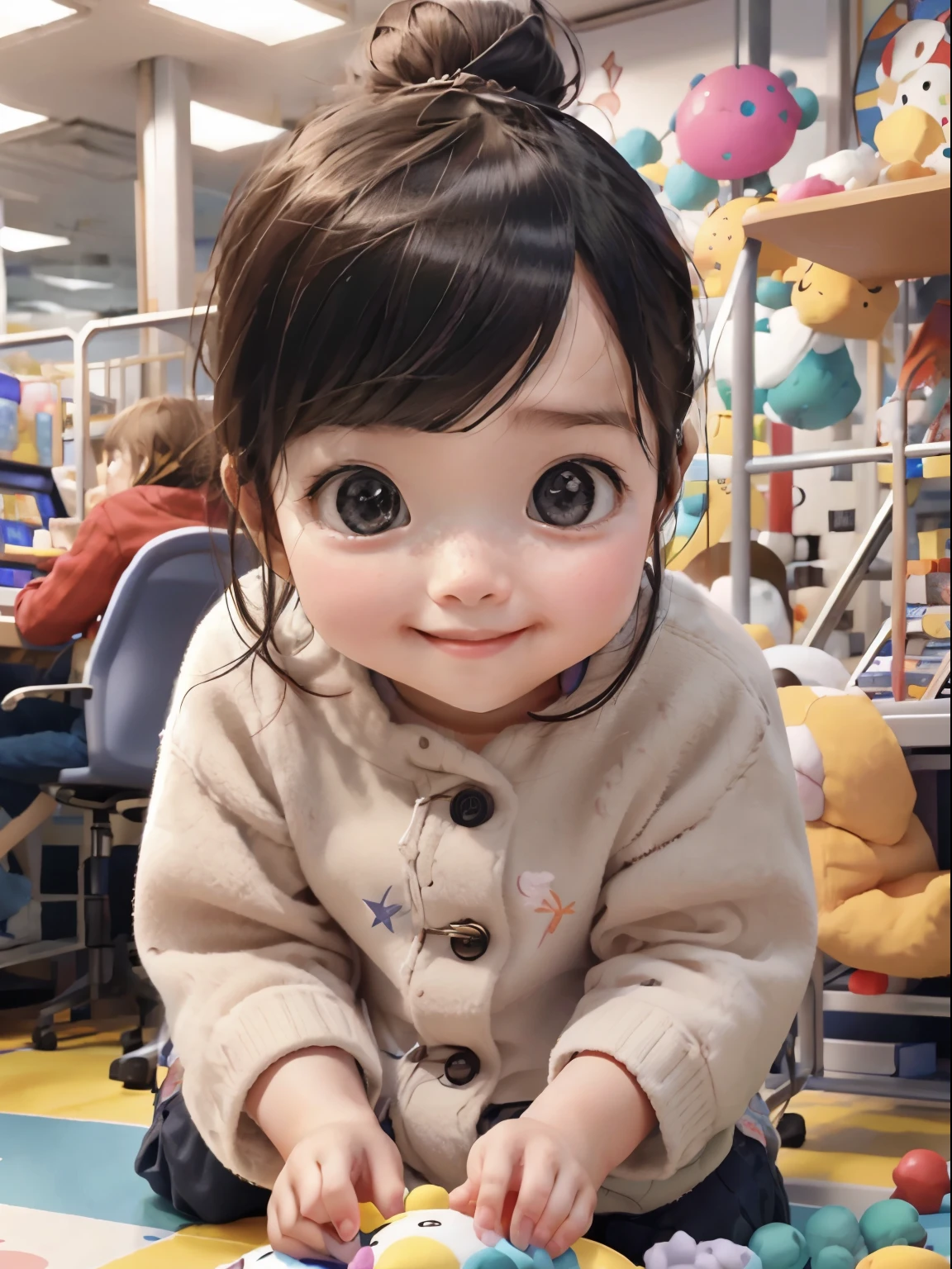 A girl looking into a stuffed animal picking game at a game center、sparkling eyes、smile、