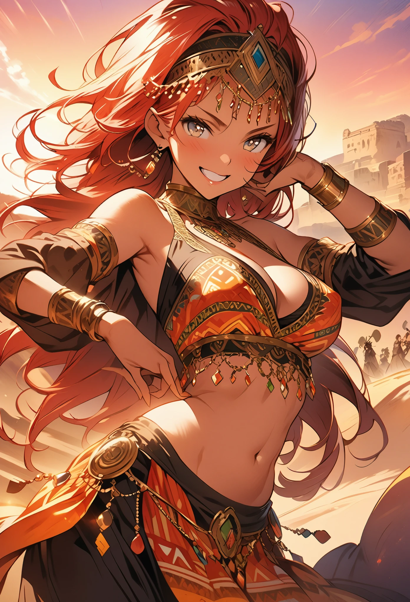 (master piece),(super fine illustration),anime,black Arabian dancer girl,upturned eyes,cleavage,Ethnic Print,Cutwork,red hair,Happiness smile,smug,sand land,raise one leg,perky breasts,midriff baring outfit ,tanned skin,lips,Belly dance pose,sunset right,