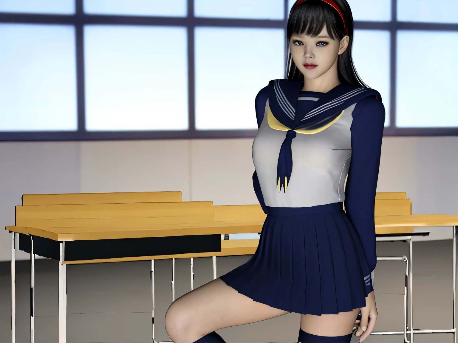 (dark photo、unity、8k wallpaper)、(very delicate and beautiful)、(masterpiece)、(highest quality:1.2)、(超A high resolution:1.3)、(beautiful realistic asian),beautiful lighting、perfect lightning、realistic shadow、fine skin、Super detailed、detailed face and eyes、realistic eyes、sharp pupils、Huge , inside the classroom、School、sunset、beautiful face、blurred background、(japanese woman)、shiny skin、side up、美しいblack hair、dull bangs、Japan High School Sailor Uniform、pleated mini skirt、gentle smile, ((table top, highest quality)), (shiny skin), cinematic lighting, Physically based rendering, award-winning, highly detailed skin, highly detailed face, Beautiful eyes in every detail, Carl Zeiss 85mm F/1.4, (Standing position), (cumin , on the chest and thighs), she'She's a very cute 16 year old , (black hair, straight long hair, open your eyes, blush), big cleavage, (sailor blouse, Pull up the pleated skirt yourself:1.3), watching from a distance, (navy knee socks, thigh focus),art by、