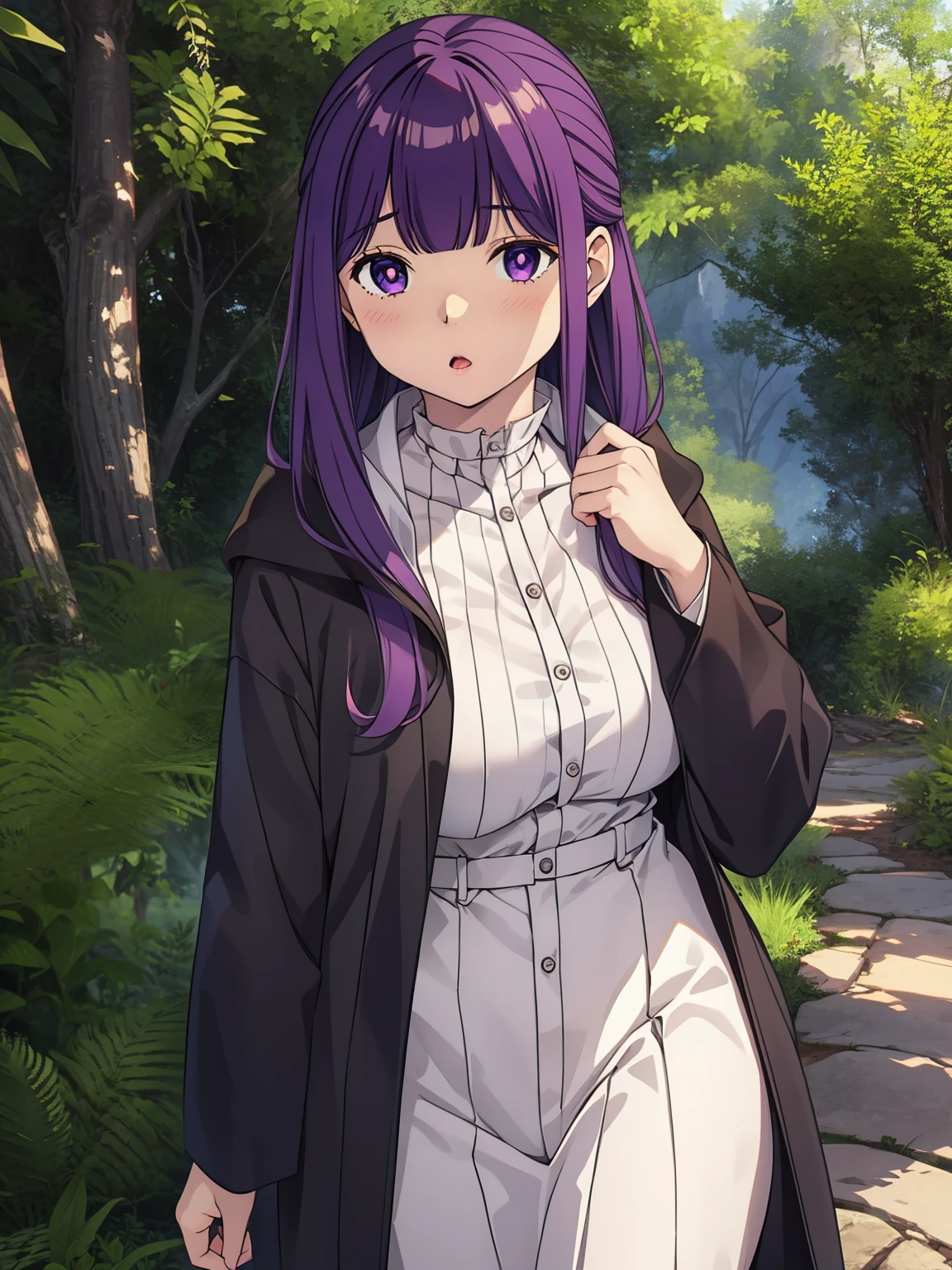 freirenFern, Fern, purple hair, long hair, purple eyes, dull bangs, side lock, half up hair, bright pupils, (big breasts, 1 girl), Ruffled collar, black robe, white dress, center ruffle, button, wide sleeve, long sleeve, crooked, Ruffled collar, BREAK&#39;s masterpiece, highest quality, High resolution, 8K, official art, super resolution, very detailed and beautiful, very detailed, Incredibly detailed, very detailed美しい女の子, very detailed顔, very detailed目, very detailed肌, very detailed指, very detailed鼻, very knowledgeable mouth, Perfect Anatomy BREAK Full Body Shot, look down, Pray BREAK HILL, nature, forest, very detailed CG unity 16k, Very detailed 16KCG wallpaper
