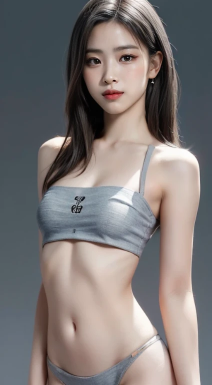 highest quality、highest quality、realistic、unity、8k wallpaper、official art、Highly detailed CG unity 8k wallpaper、Super detailed、High resolution、Physically based rendering、Super detailed,growing up, finely,1 girl、(medium hair)、(smile:1.1)、slim face、cute woman、highly detailed face、detailed eye、double eyelid、Kamimei、(glowing skin)、(sunburned skin)、(real looking skin)、gray background、(((belly button、spread your legs、naked、small breasts, random posture、Loose tube top))、frontage、slim face、professional lighting、(light shines on your face:1.5)、best light,chest stands out、美しいbelly button