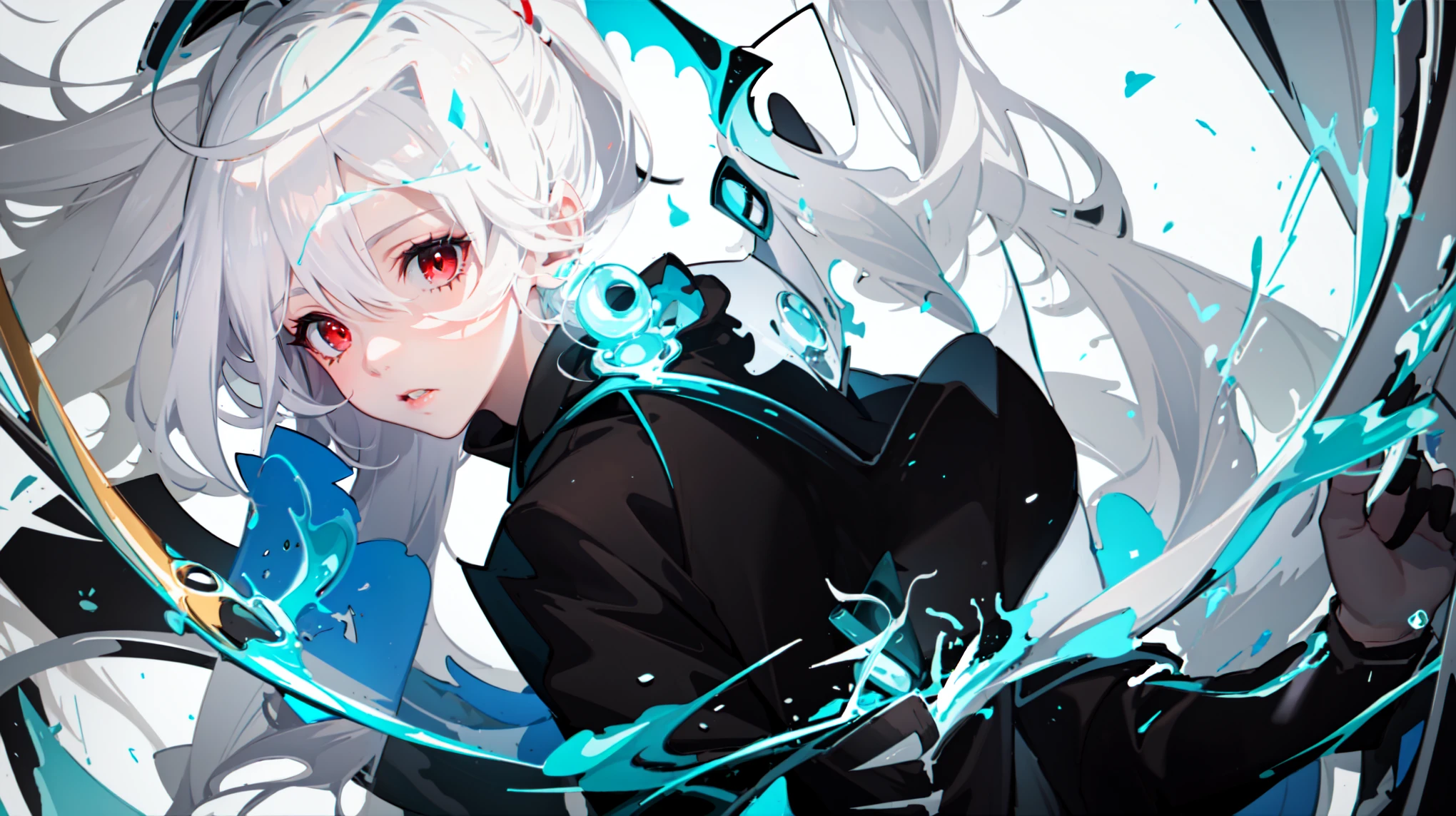 (masterpiece, best quality, ultra-detailed, best shadow), (detailed background, dark fantasy), (beautiful detailed face), high contrast, (best illumination, an extremely delicious and beautiful), ((cinematic light)), colorful, hyper-detailed, dramatic light, intricate details, (1 girl, solo, white hair, sharp face, back hand, low double ponytail, red eyes, hair between eyes, dynamic angle), blood splash, black light swirling around the character, depth of field, black light particles, (broken glass), magic array,