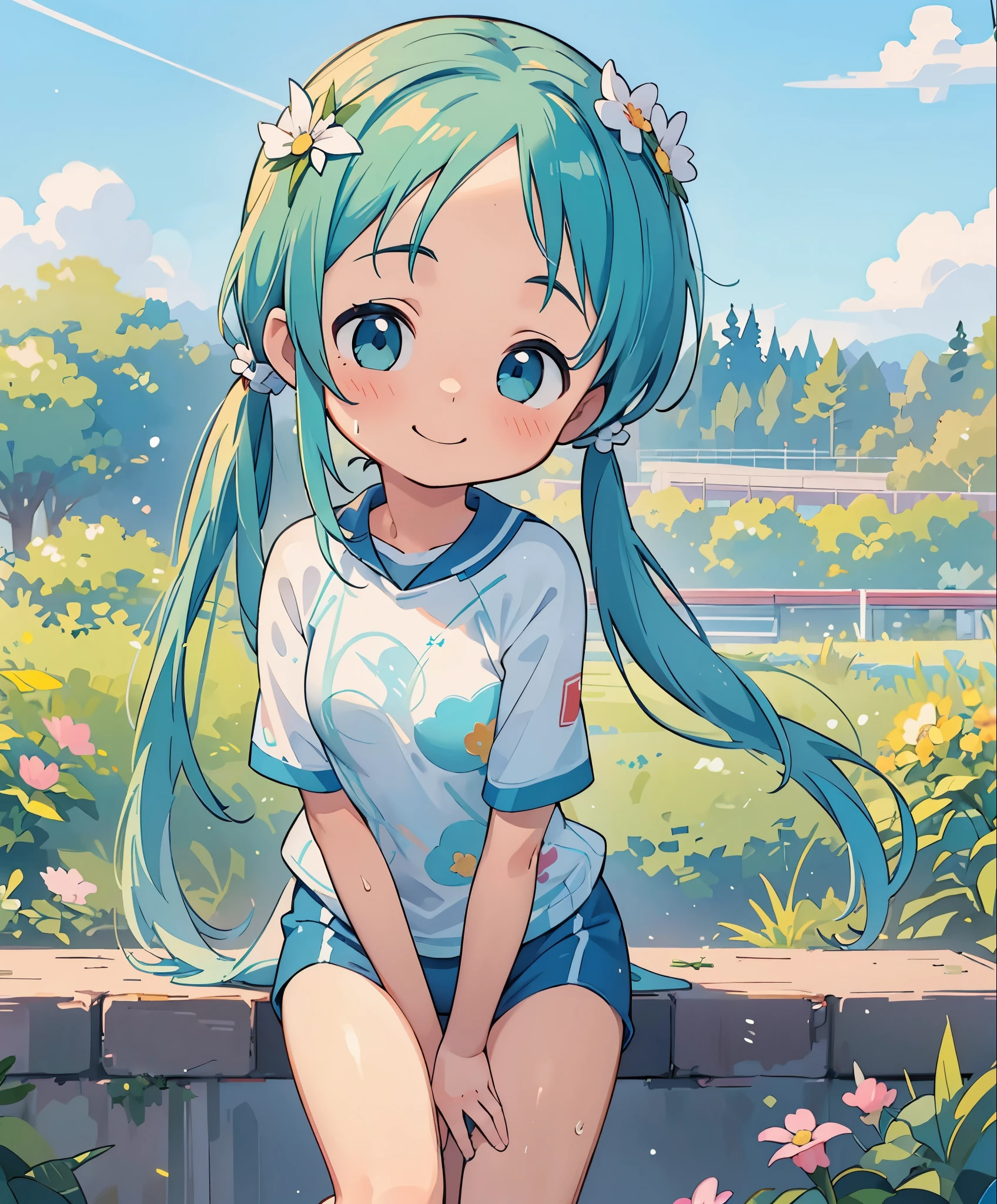 (masterpiece、highest quality、highest quality、official art、beautiful beautiful:1.2)、(1 girl:1.3)Hatsune Miku、twin tails,big breasts,table top, highest quality, 8K_wallpaper, (beautiful eyes), ((cute)), cute, (Lovely), (Please park on sunny days),1 girl,,1 ,standing girl,smile,close up of face、Portrait(((run a marathon)))、(((jogging)))、((track and field uniforms))