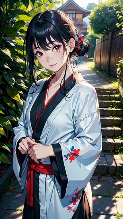 (kimono),random pose,、(highest quality,masterpiece:1.3,超A high resolution,),(Super detailed,caustics),(Photoreal:1.4,RAW shooting,)ultra-realistic capture,very detailed,High resolution 16K human skin close-up、 natural skin texture、Skin tone looks even and healthy、 Use natural light and color,1 girl,Japanese,28 years old,cute,black haired,middle hair,,smile,,(Depth of written boundary、chromatic aberration、wide range of lighting、natural shading,freckles,Mole under left eye