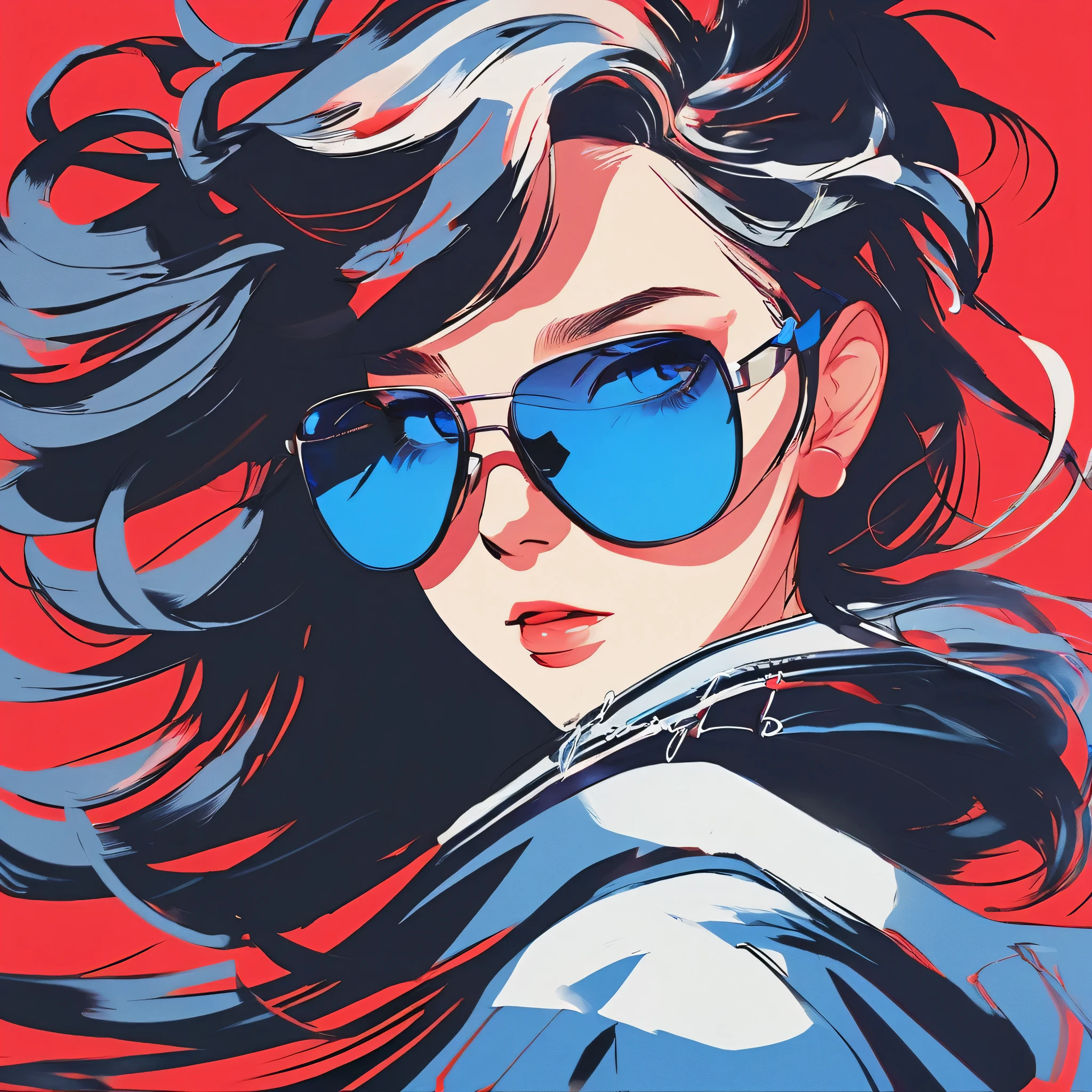 Anime girl with sunglasses in her hair, Guweiz style artwork, digital illustration style, anime style illustration, anime style 4k, Blue eyes, With shining eyes, anime style. 8K, Hero, Persona 5 art style wallop