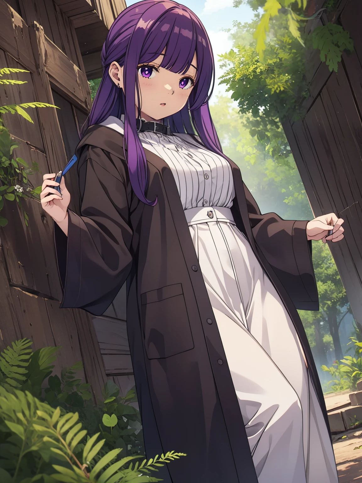 freirenFern, Fern, purple hair, long hair, purple eyes, dull bangs, side lock, half up hair, bright pupils, (big breasts, 1 girl), Ruffled collar, black robe, white dress, center ruffle, button, wide sleeve, long sleeve, crooked, Ruffled collar, BREAK&#39;s masterpiece, highest quality, High resolution, 8K, official art, super resolution, very detailed and beautiful, very detailed, Incredibly detailed, very detailed美しい女の子, very detailed顔, very detailed目, very detailed肌, very detailed指, very detailed鼻, very knowledgeable mouth, Perfect Anatomy BREAK Full Body Shot, look down, Pray BREAK HILL, nature, forest, very detailed CG unity 16k, Very detailed 16KCG wallpaper
